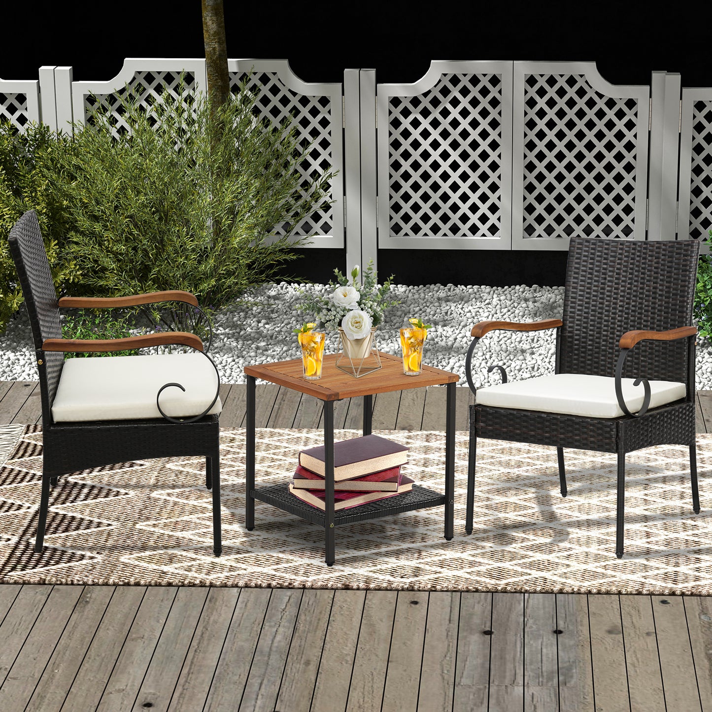 Outdoor PE Wicker Dining Chairs with Acacia Wood Armrests