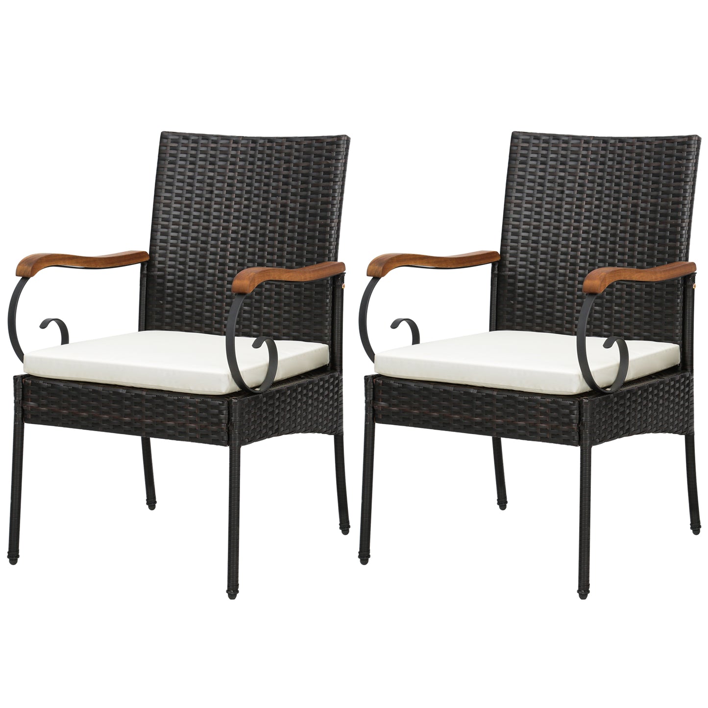 Outdoor PE Wicker Dining Chairs with Acacia Wood Armrests