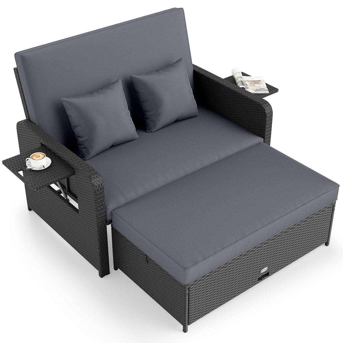 PE Wicker Outdoor Daybed with 4-Level Adjustable Backrest and Storage Ottoman