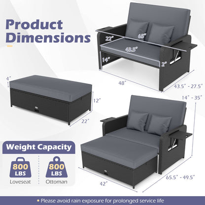 PE Wicker Outdoor Daybed with 4-Level Adjustable Backrest and Storage Ottoman