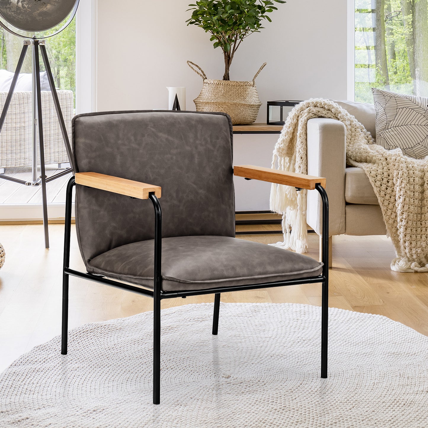 Gray Accent Chair with Rubber Wood Armrests