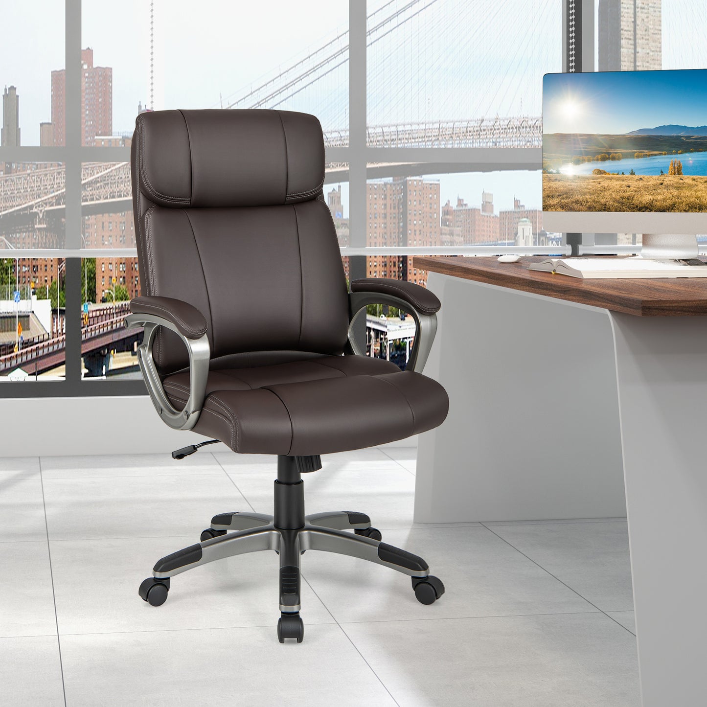 Executive Office Chair with Lumbar Support and Wheels - Brown