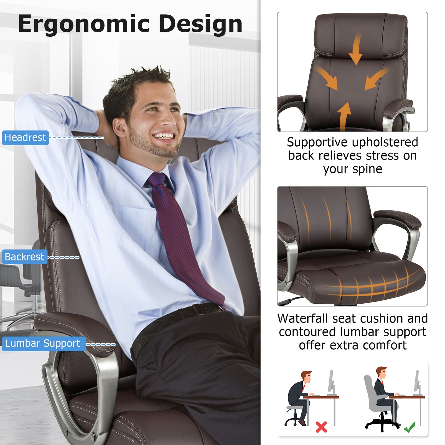Executive Office Chair with Lumbar Support and Wheels - Brown