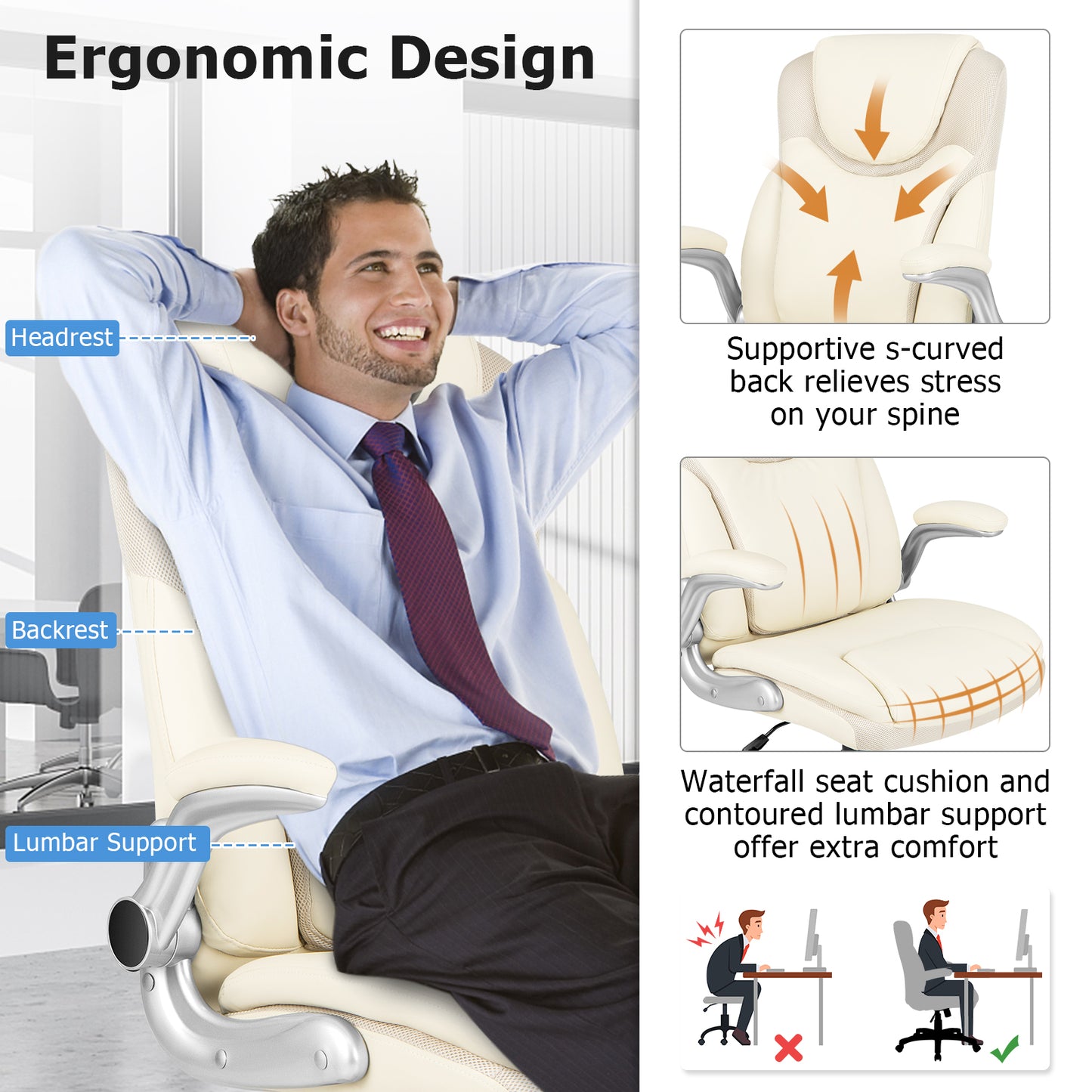 Executive Office Chair with Flip-Up Armrests & Rocking Function