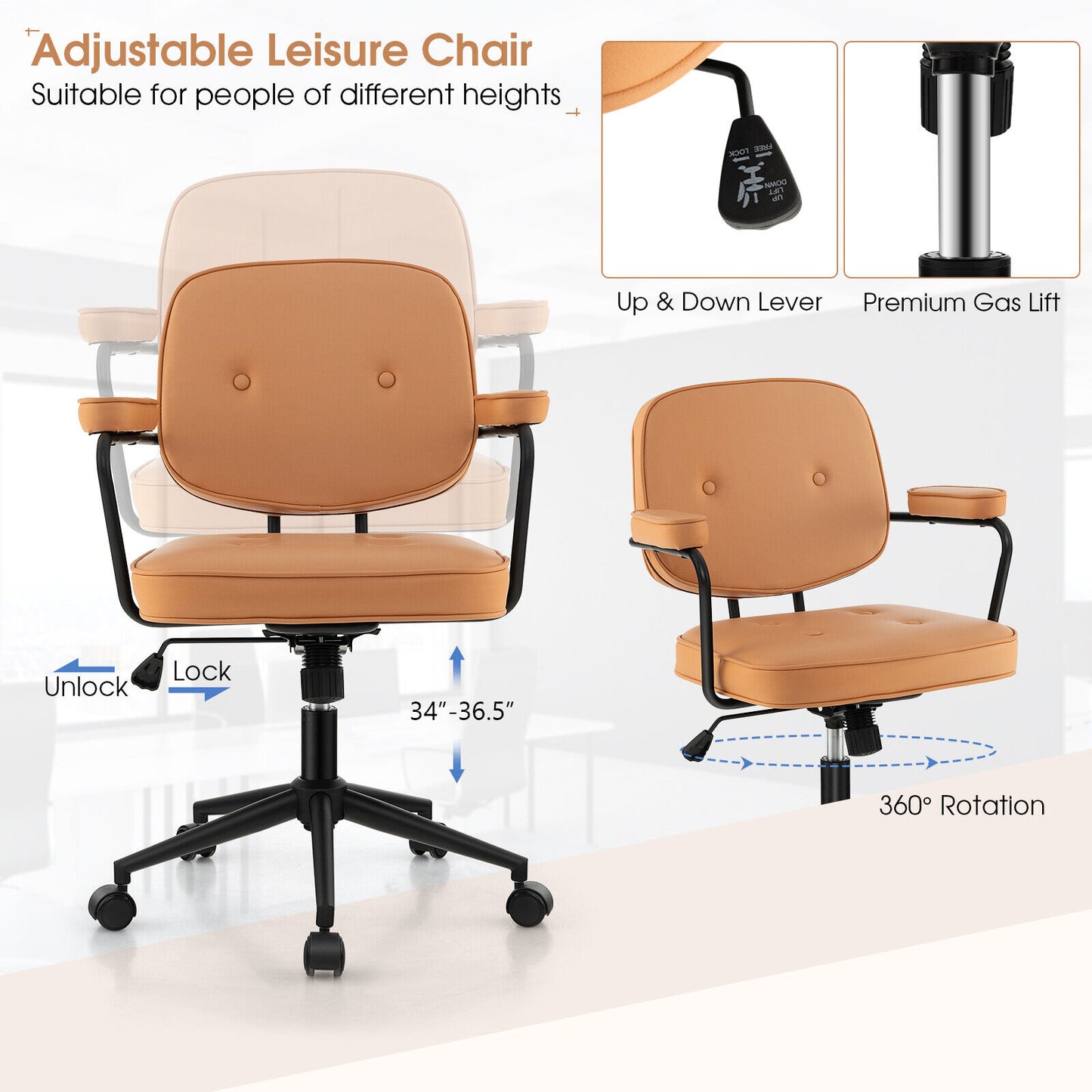 Office Chair with Rocking Backrest and Ergonomic Armrests