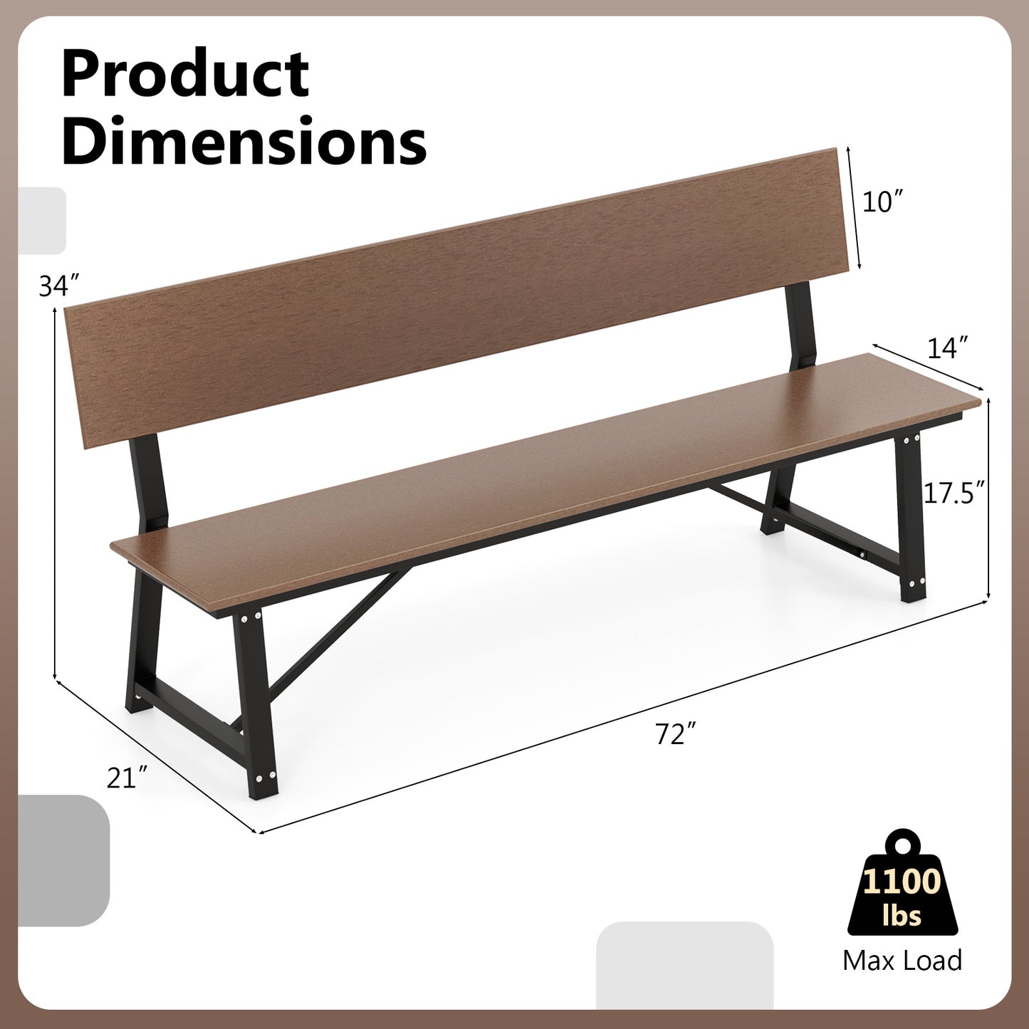 72-Inch Outdoor Bench with HDPE Seat & Metal Frame