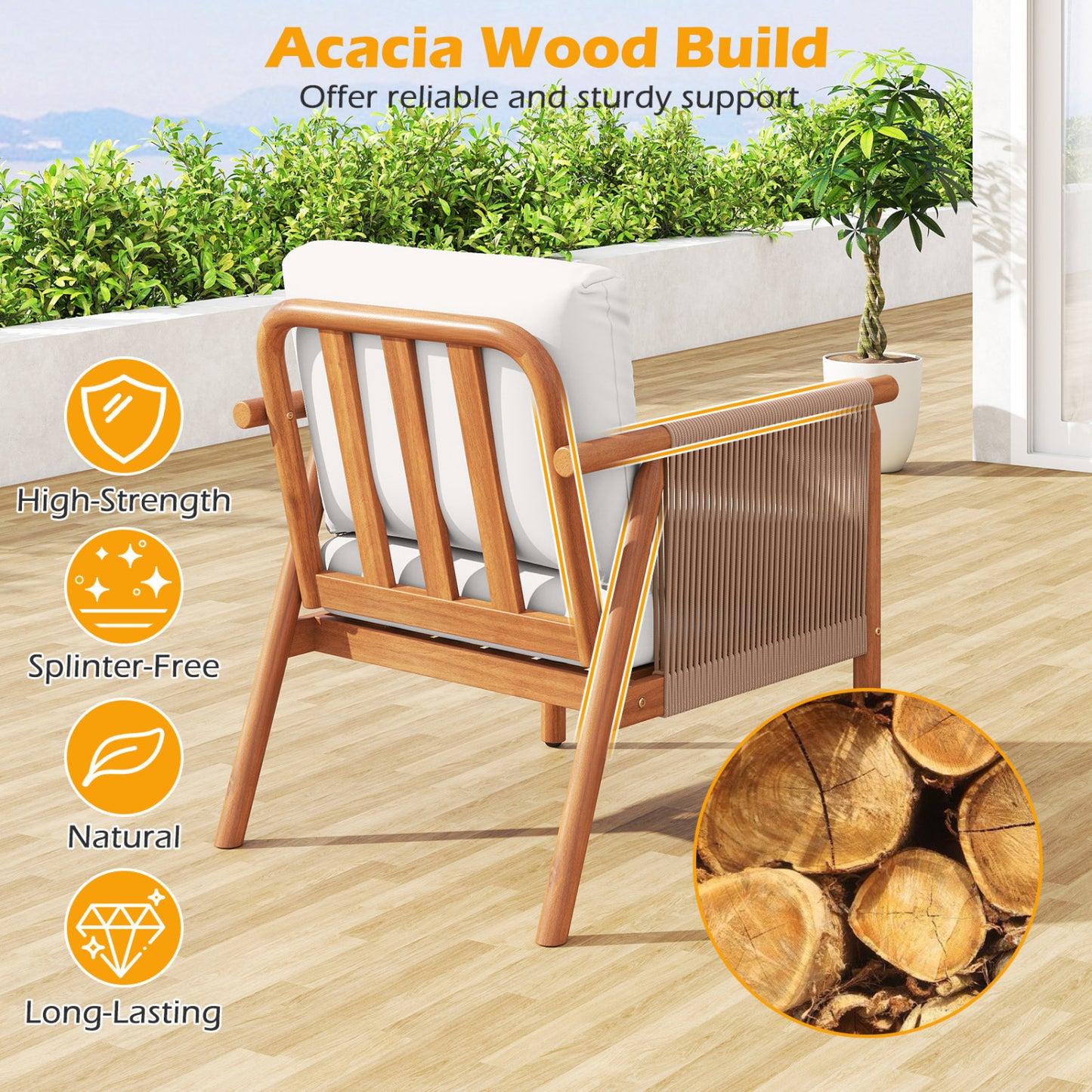 Acacia Wood Patio Dining Chairs Set of 2 with Cushions