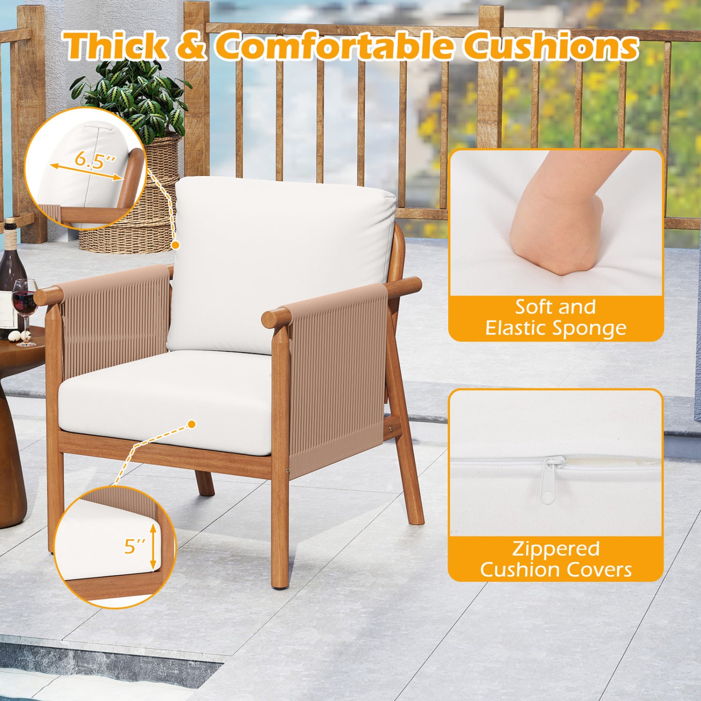 Acacia Wood Patio Dining Chairs Set of 2 with Cushions