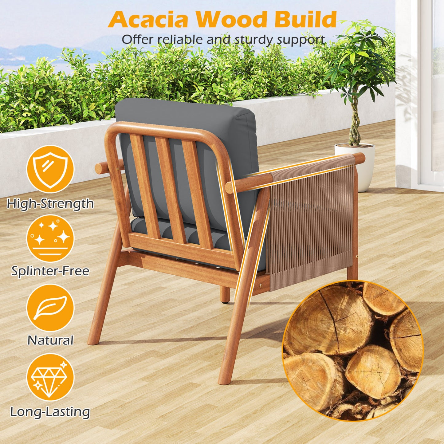 Acacia Wood Patio Dining Chairs Set of 4 with Cushions