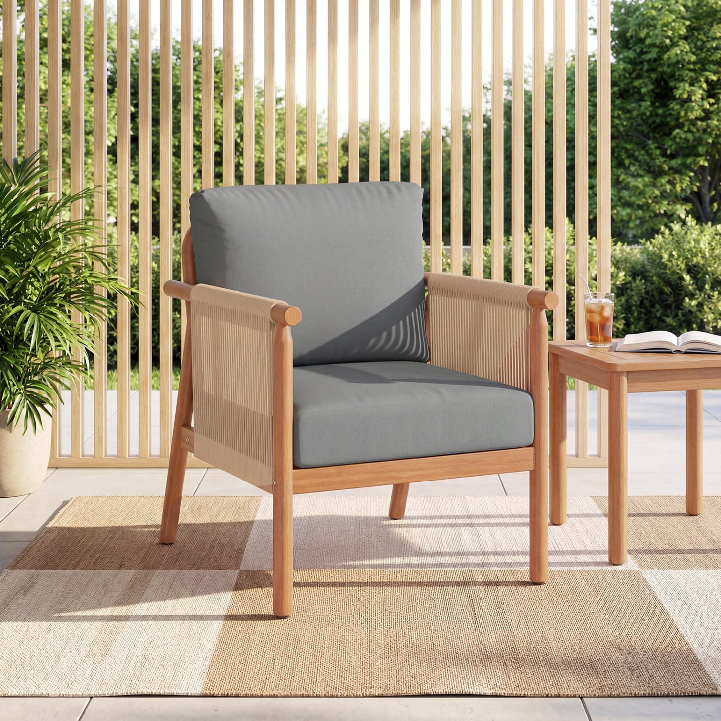Acacia Wood Patio Dining Chair with Woven Rope & Cushions