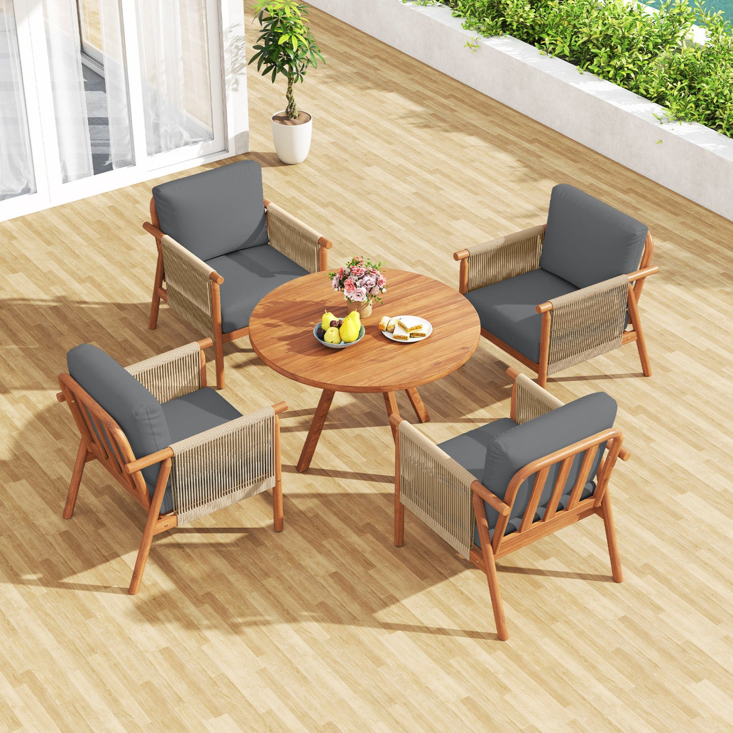 Acacia Wood Patio Dining Chair with Woven Rope & Cushions