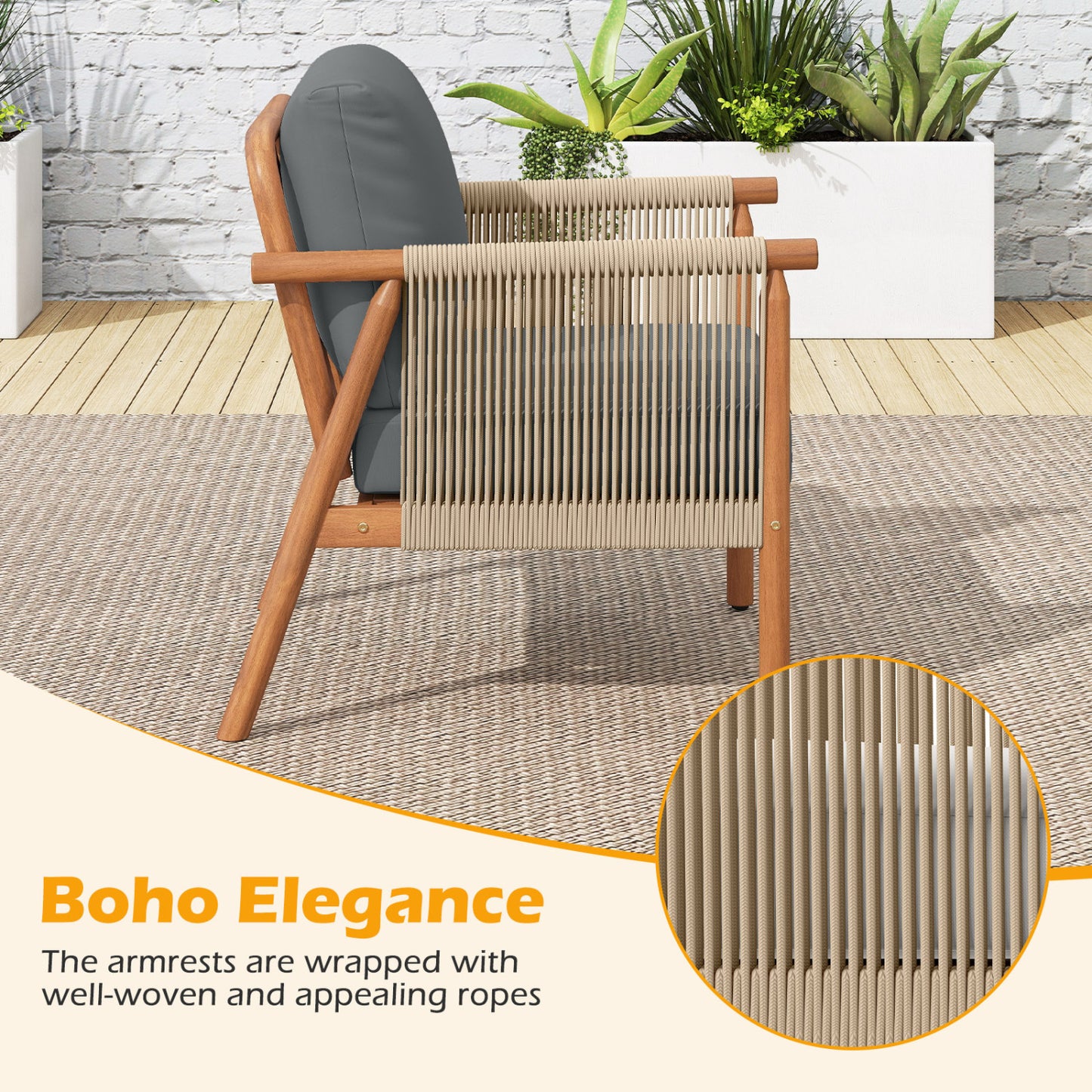 Acacia Wood Patio Dining Chair with Woven Rope & Cushions