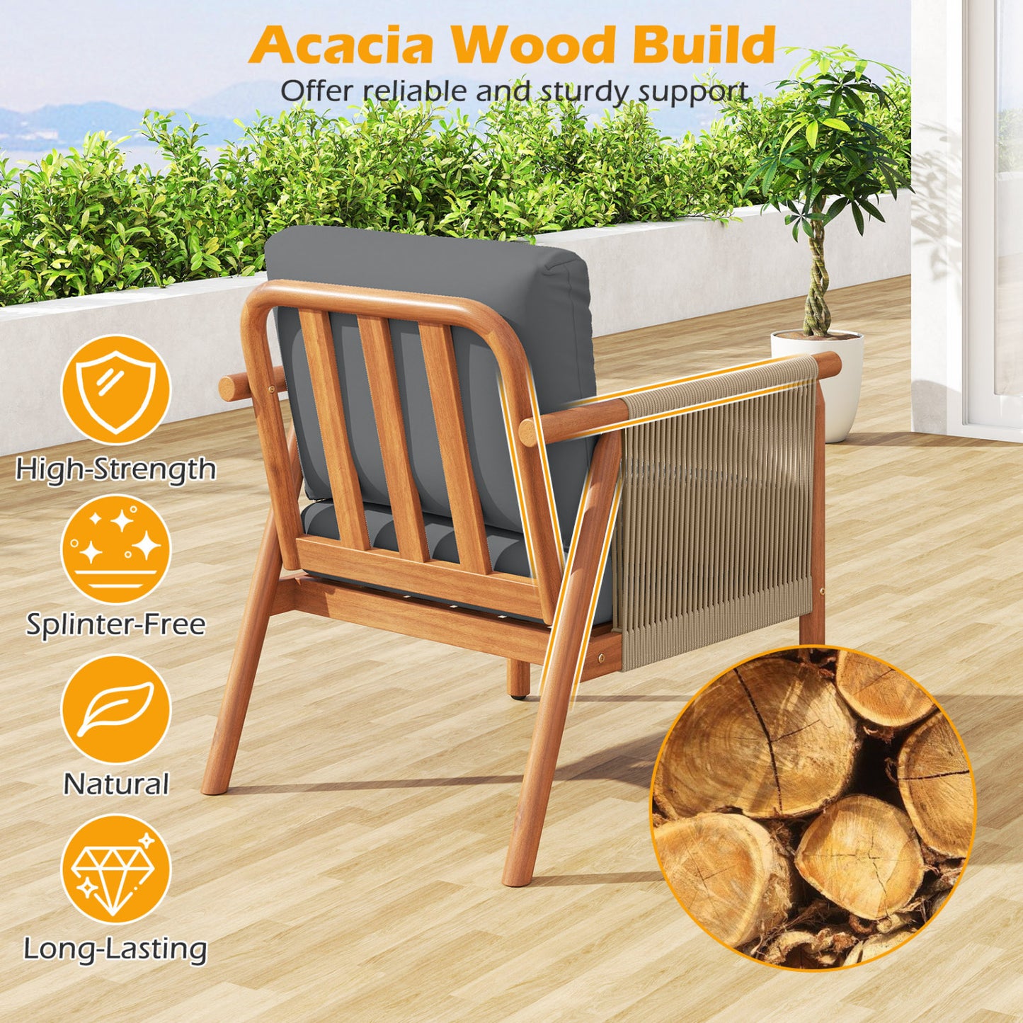 Acacia Wood Patio Dining Chair with Woven Rope & Cushions