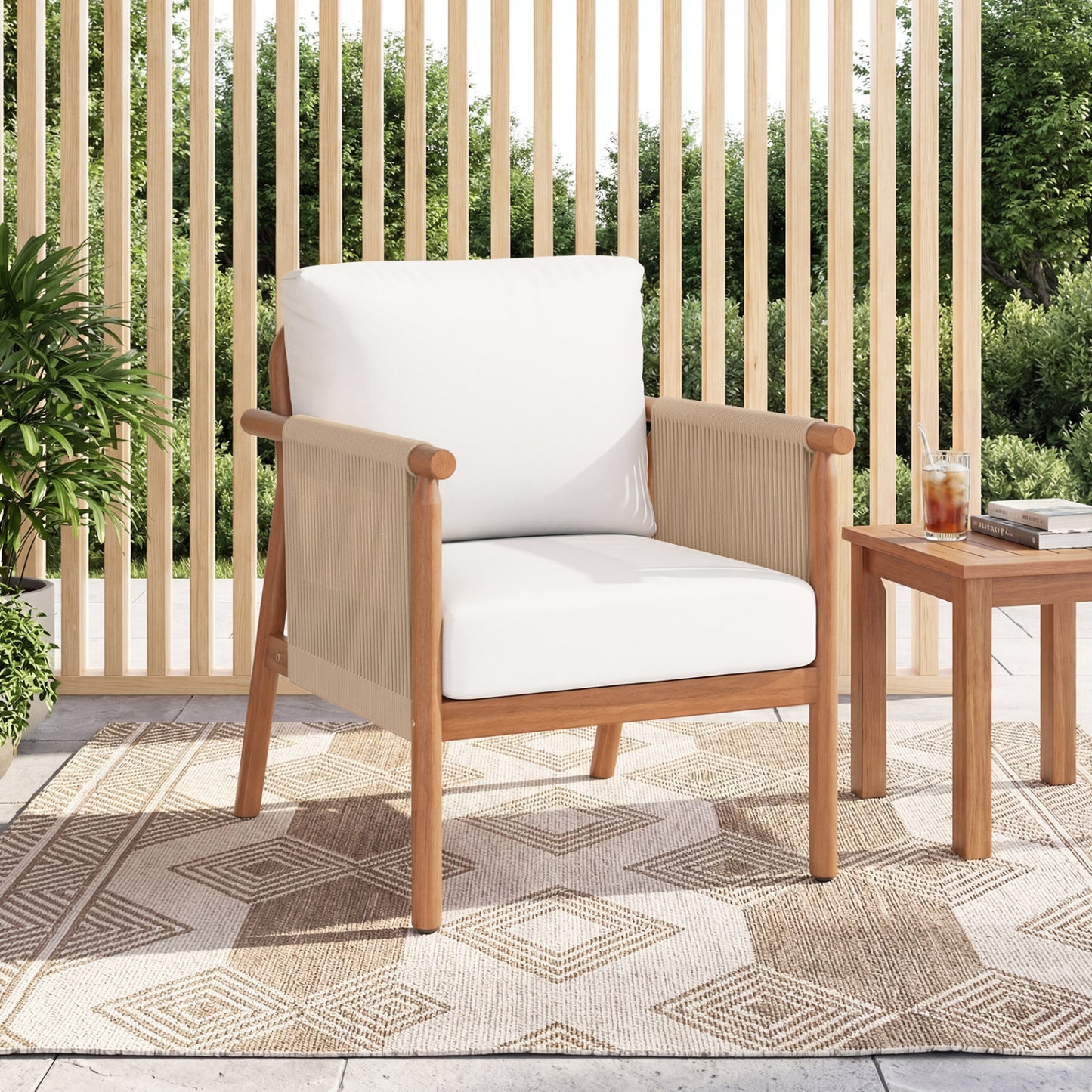 Acacia Wood Patio Dining Chair with Woven Rope & Cushions