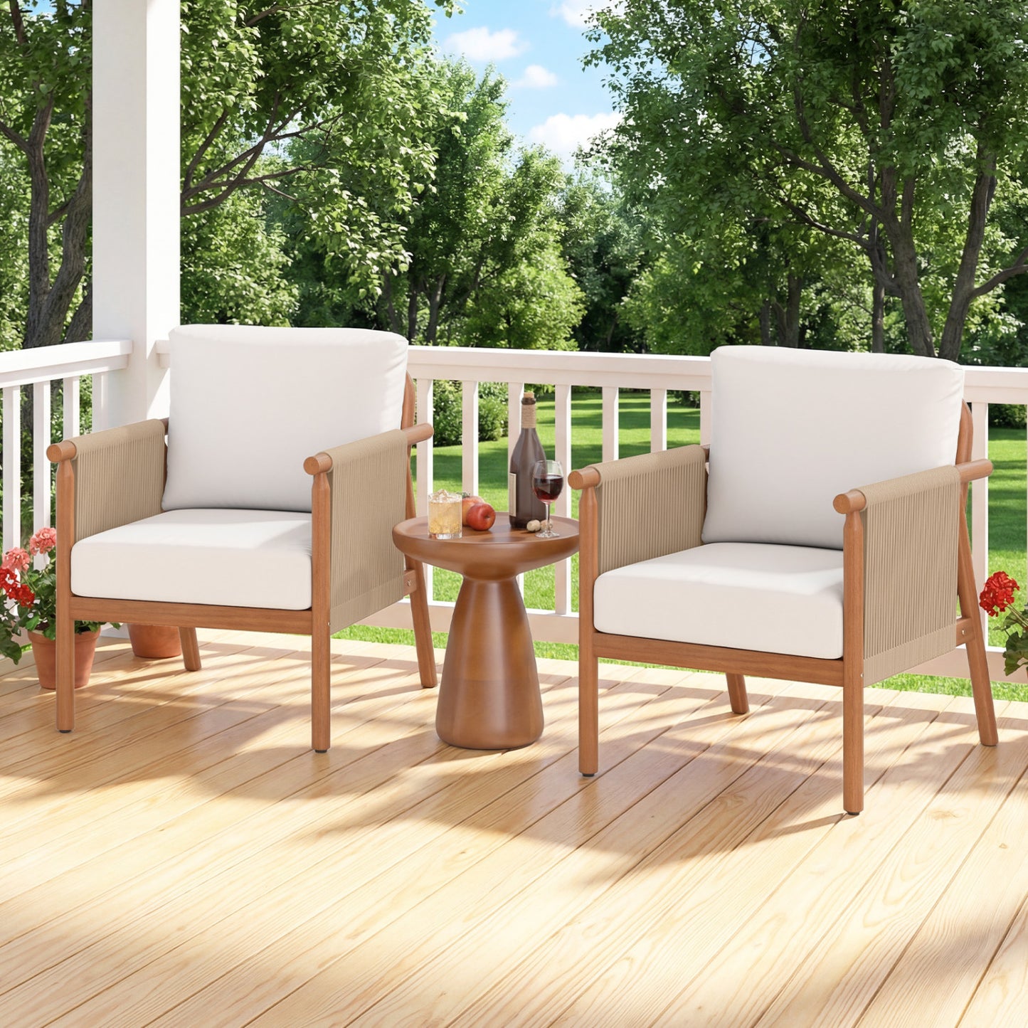 Acacia Wood Patio Dining Chair with Woven Rope & Cushions