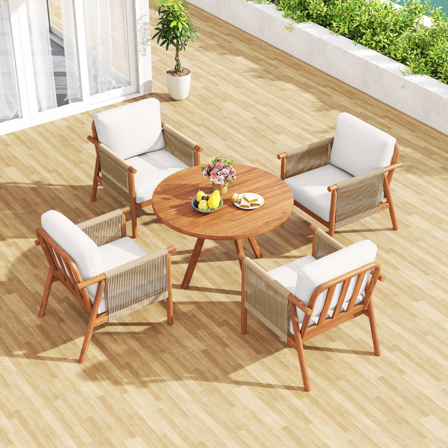 Acacia Wood Patio Dining Chair with Woven Rope & Cushions