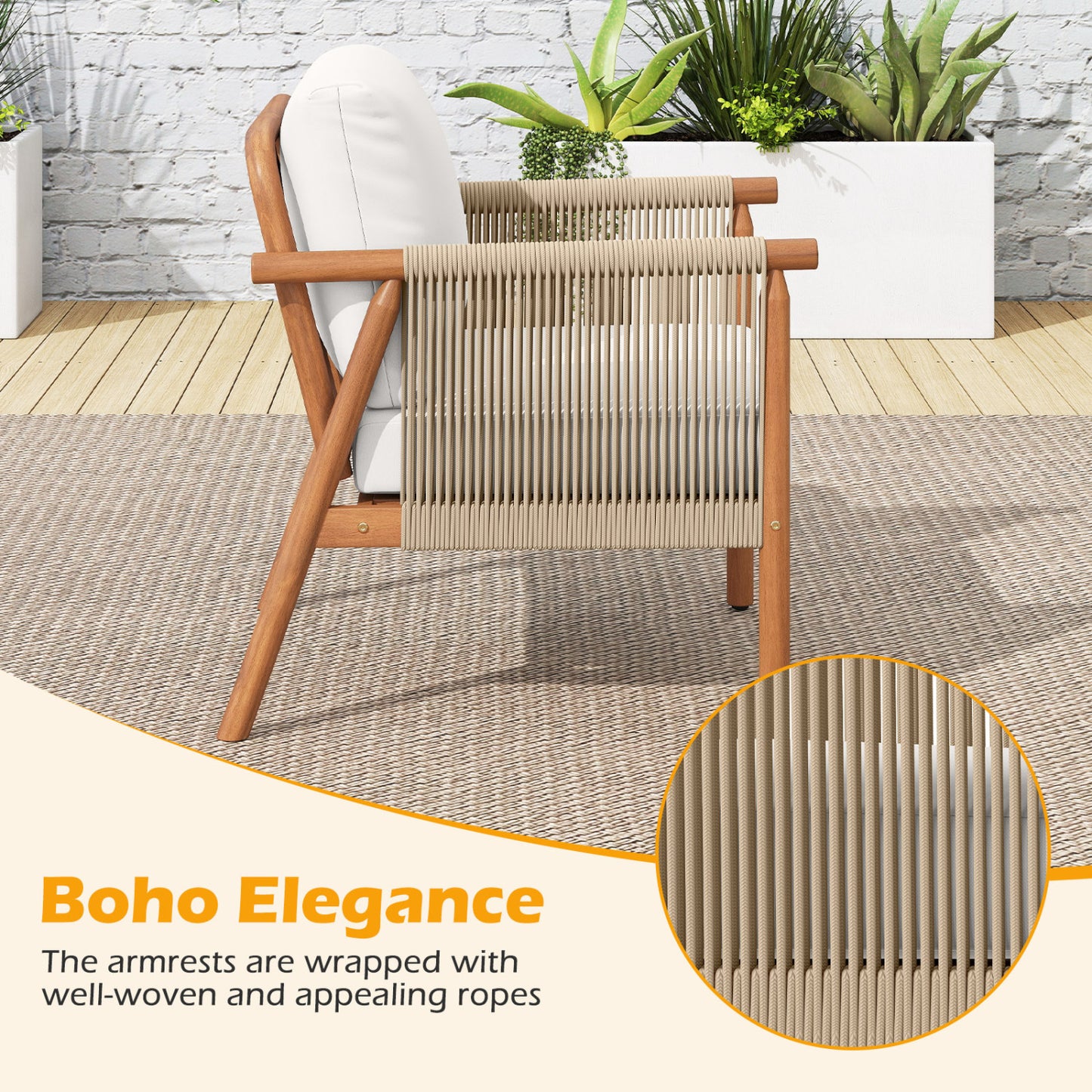 Acacia Wood Patio Dining Chair with Woven Rope & Cushions