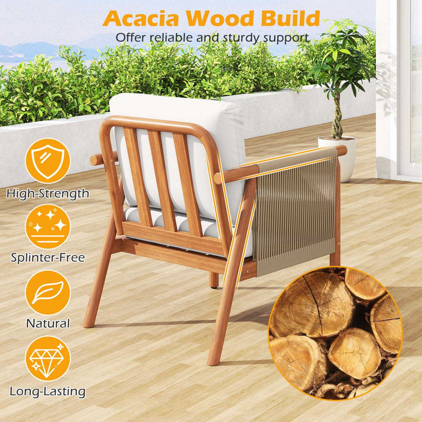 Acacia Wood Patio Dining Chair with Woven Rope & Cushions