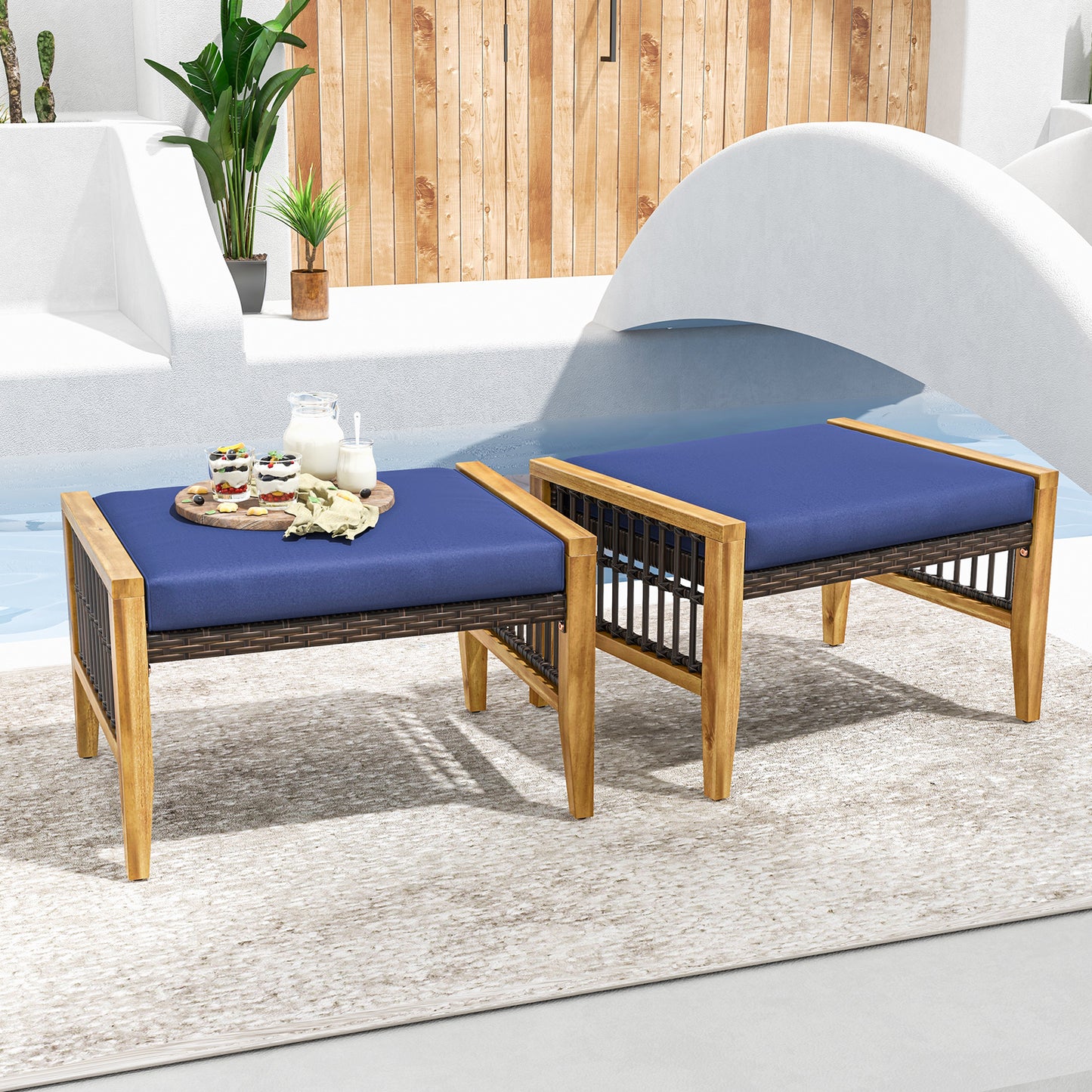 Acacia Wood Ottoman with Cushion and Rattan Weave - Navy
