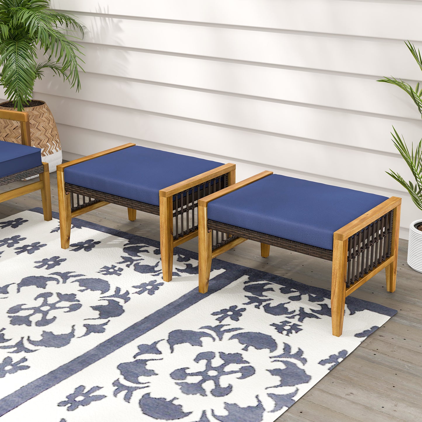 Acacia Wood Ottoman with Cushion and Rattan Weave - Navy