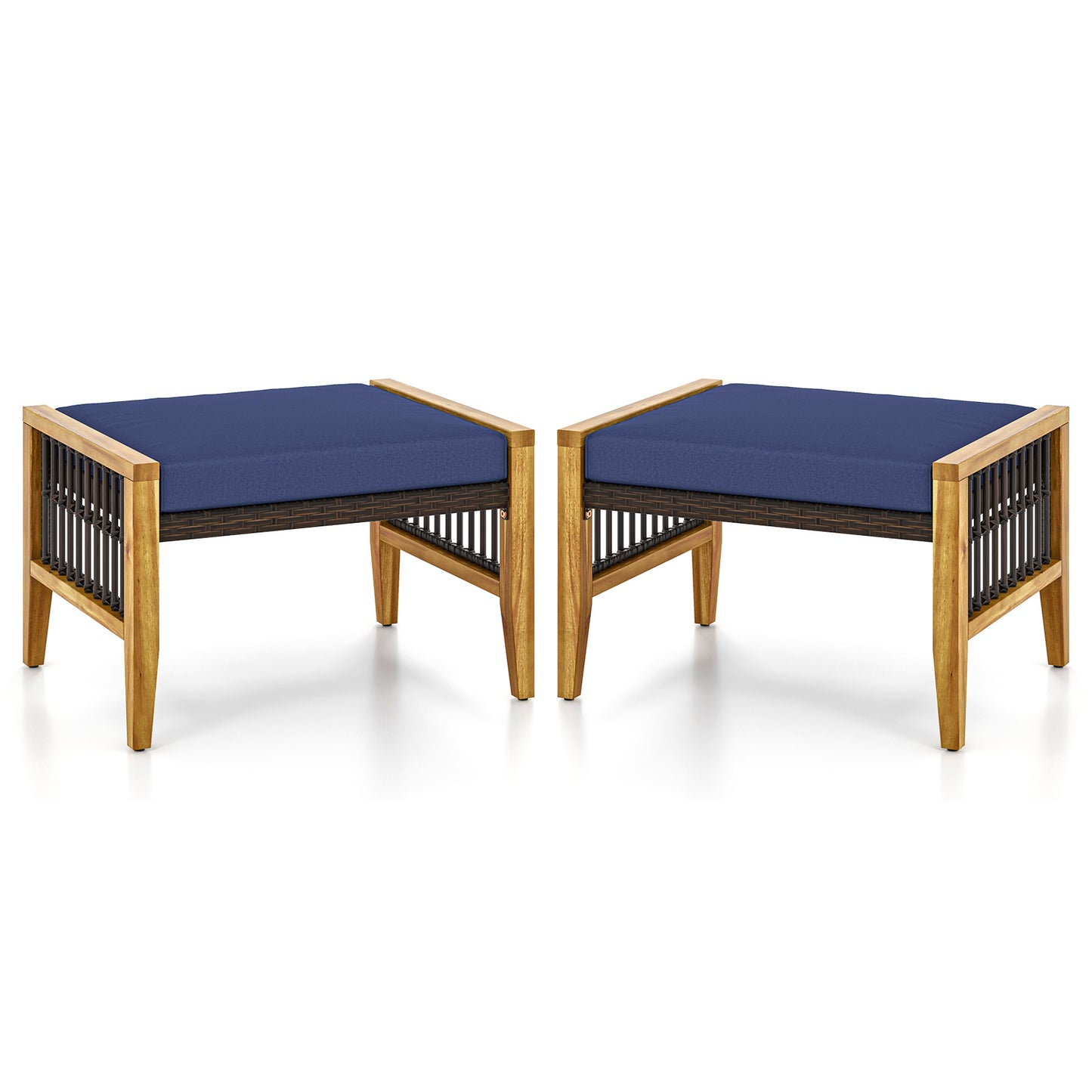 Acacia Wood Ottoman with Cushion and Rattan Weave - Navy