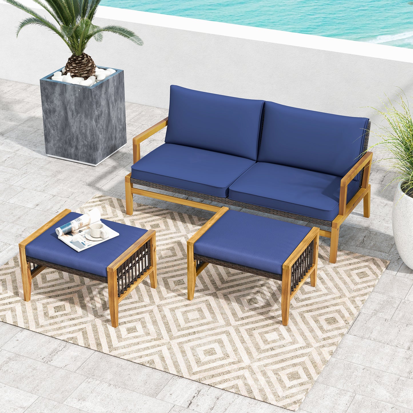 Acacia Wood Ottoman with Cushion and Rattan Weave - Navy