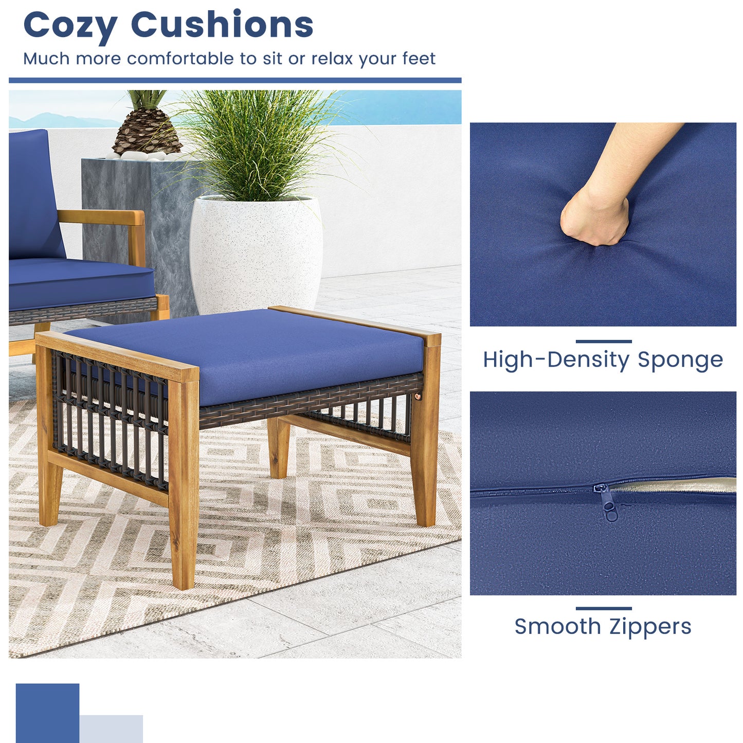 Acacia Wood Ottoman with Cushion and Rattan Weave - Navy