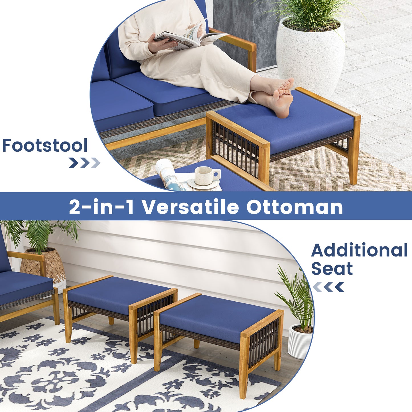Acacia Wood Ottoman with Cushion and Rattan Weave - Navy