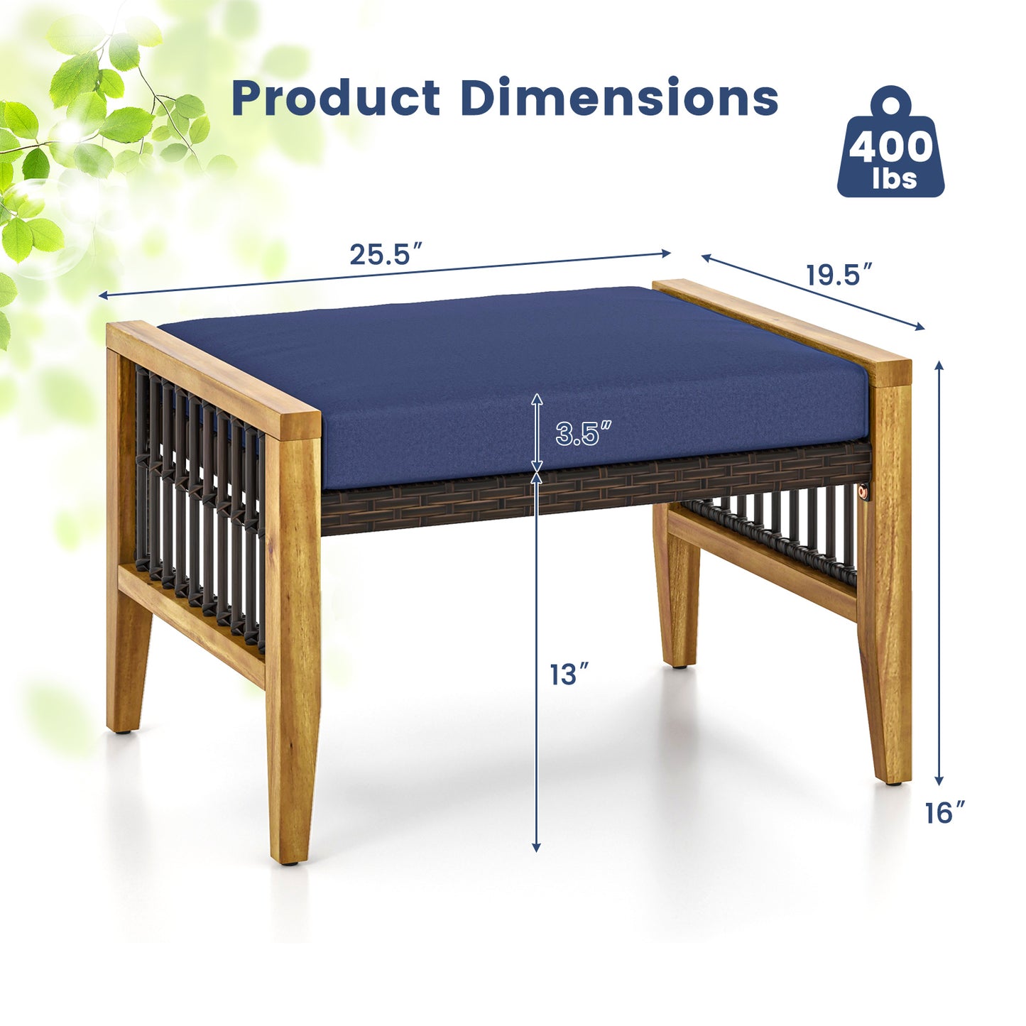 Acacia Wood Ottoman with Cushion and Rattan Weave - Navy