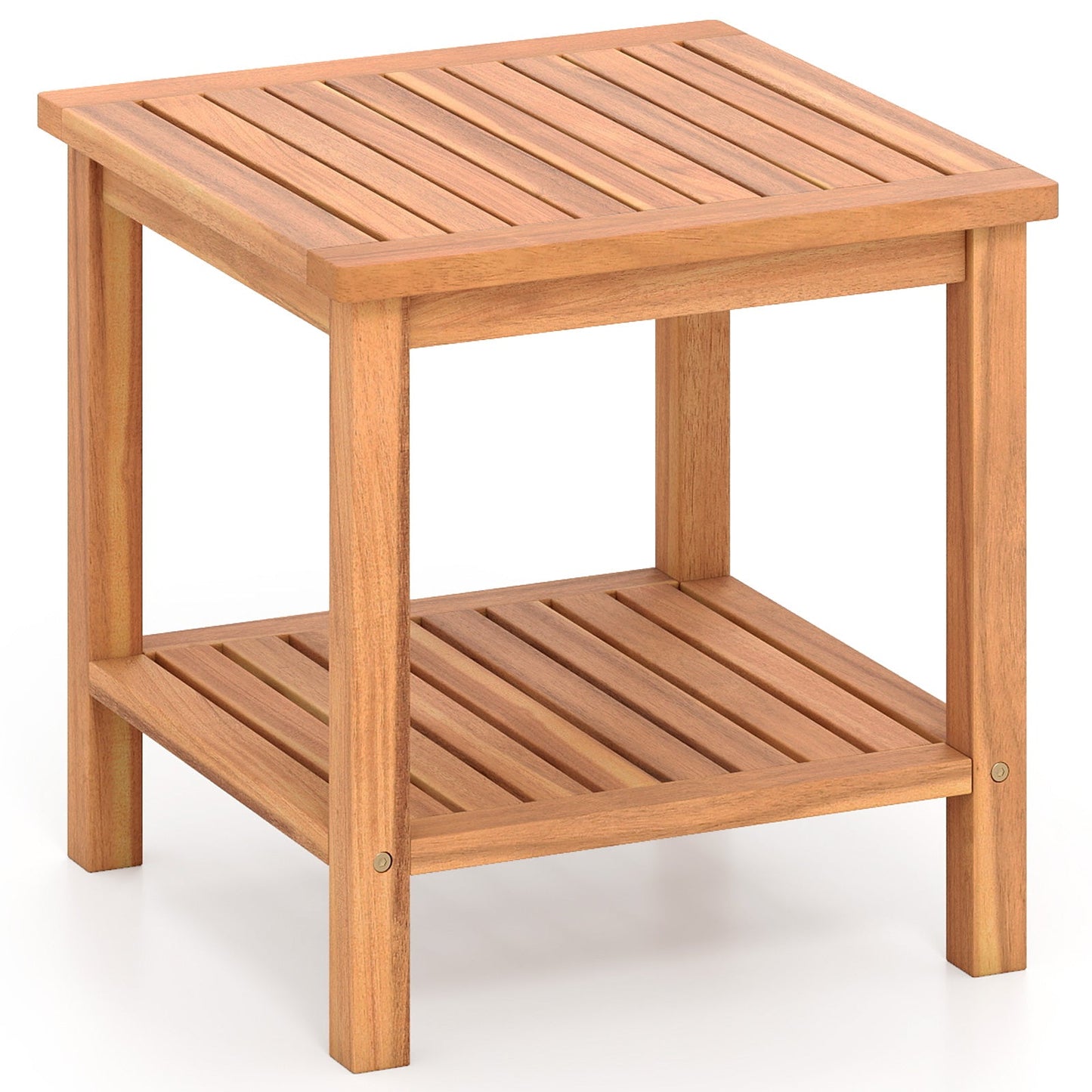 Patio Acacia Wood Side Table with Slatted Tabletop and Storage Shelf