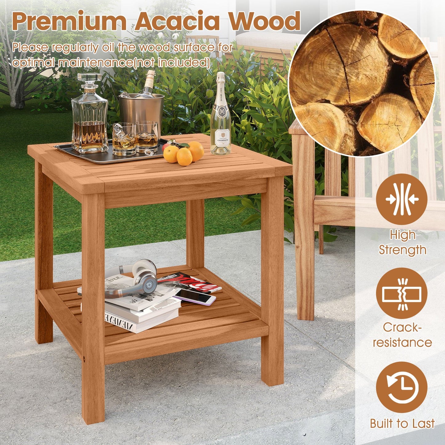 Patio Acacia Wood Side Table with Slatted Tabletop and Storage Shelf