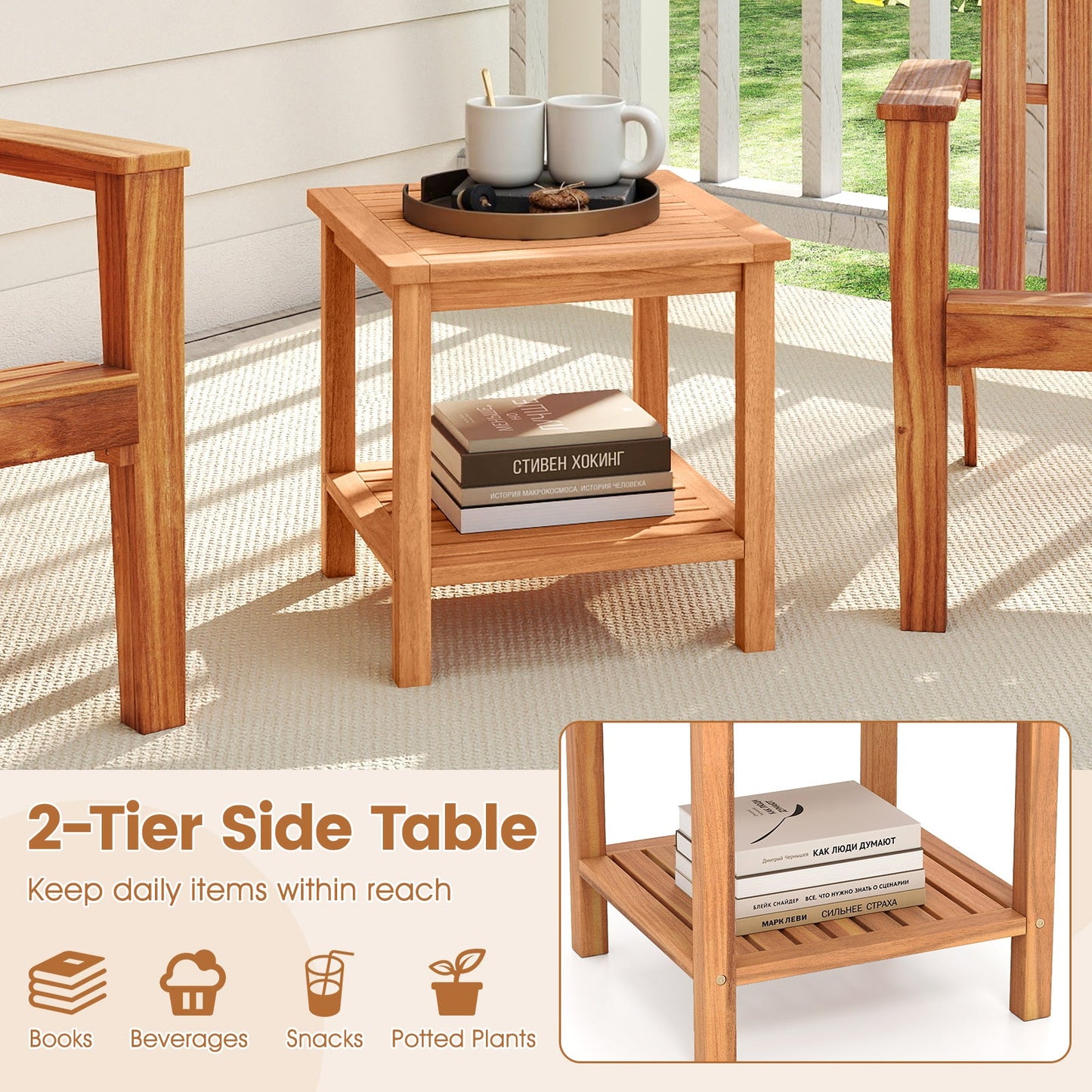 Patio Acacia Wood Side Table with Slatted Tabletop and Storage Shelf