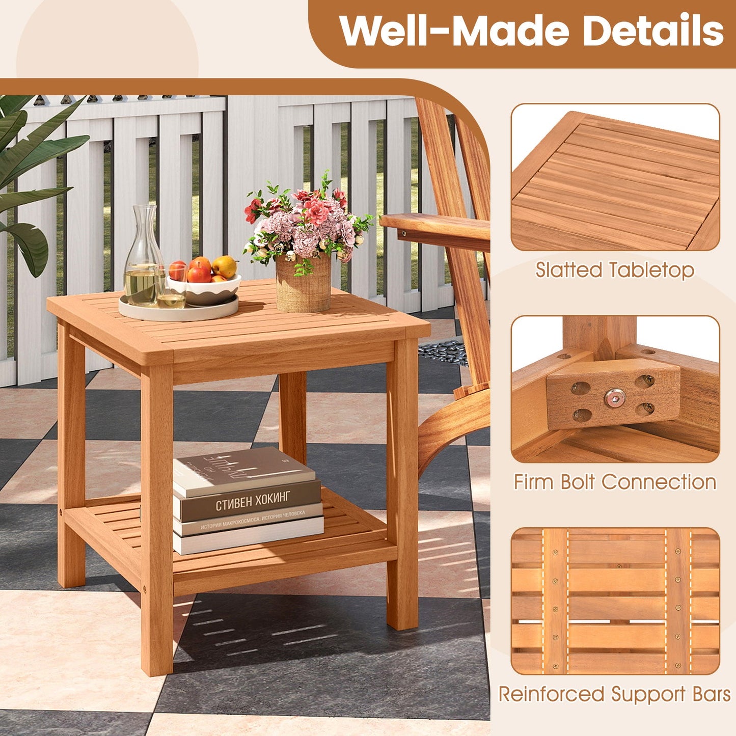 Patio Acacia Wood Side Table with Slatted Tabletop and Storage Shelf