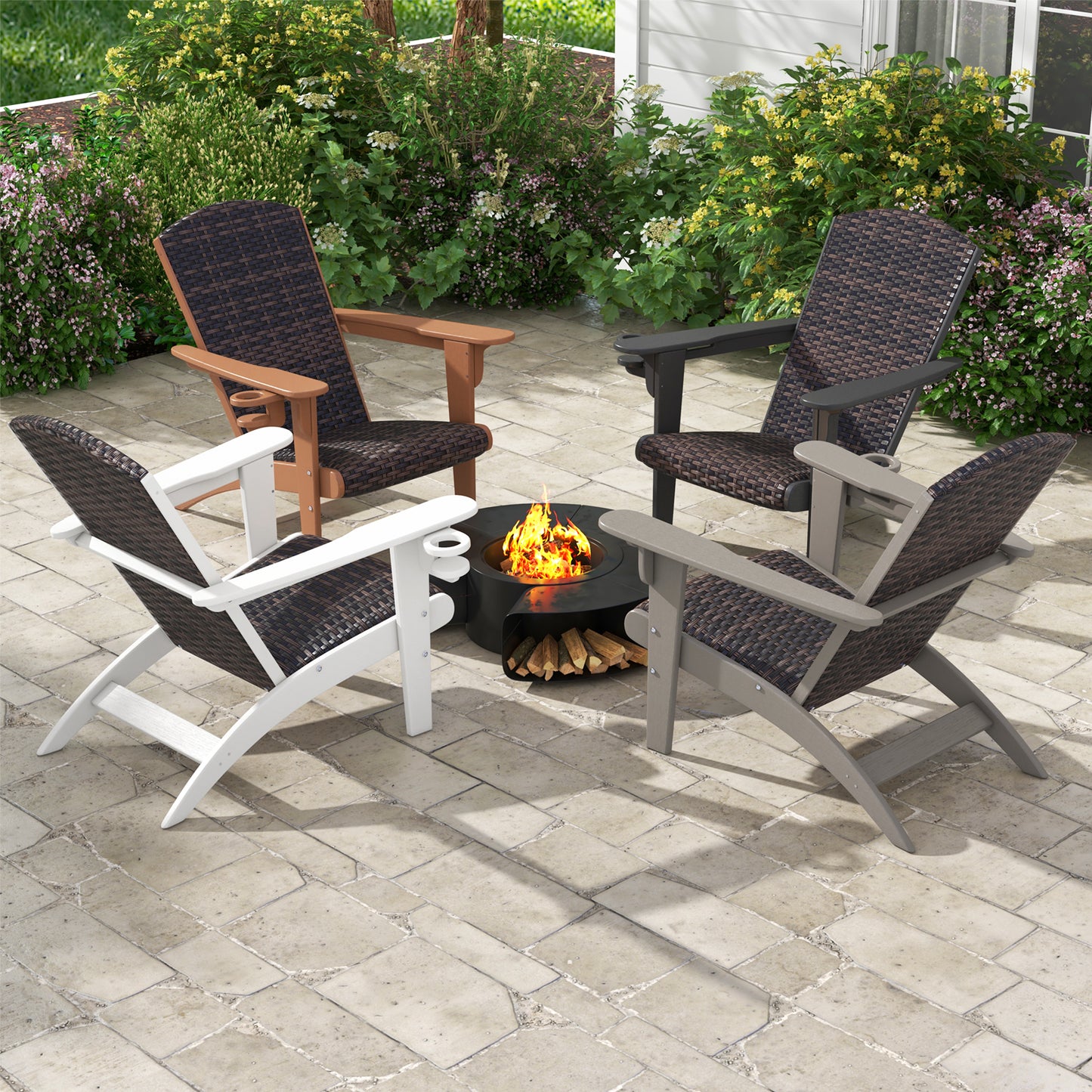 Adirondack Chair with Rattan Padded Seat and Cupholder