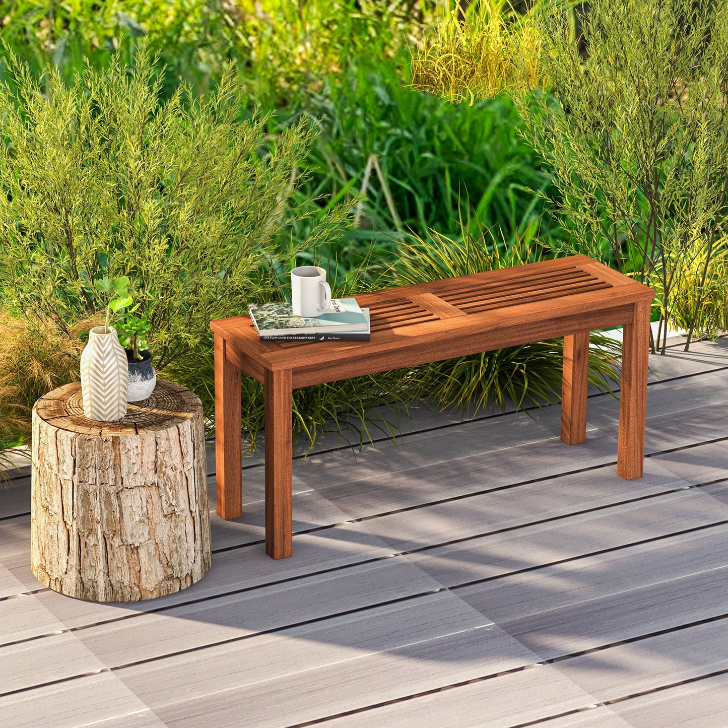 2-Seater Backless Outdoor Bench with Slatted Seat