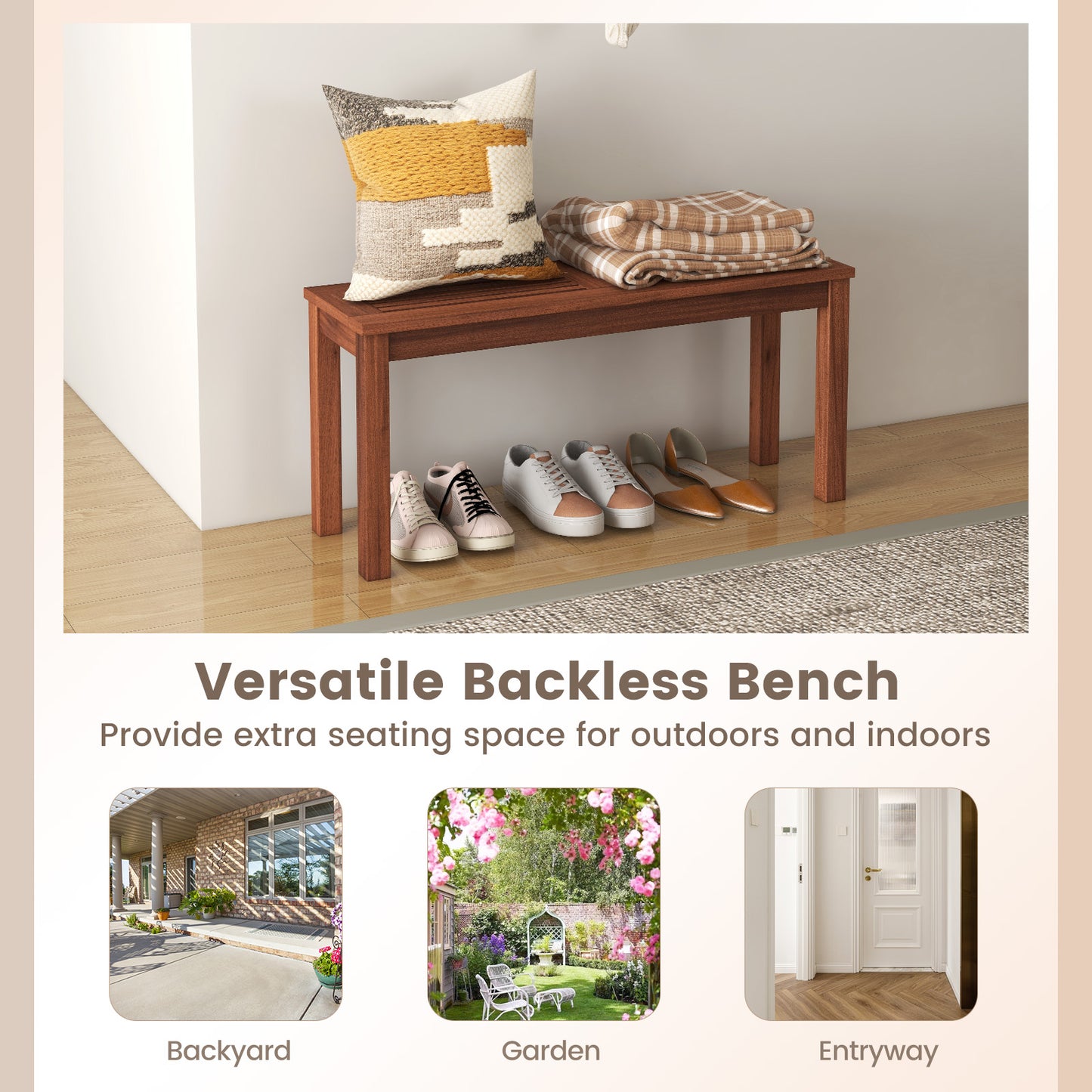 2-Seater Backless Outdoor Bench with Slatted Seat