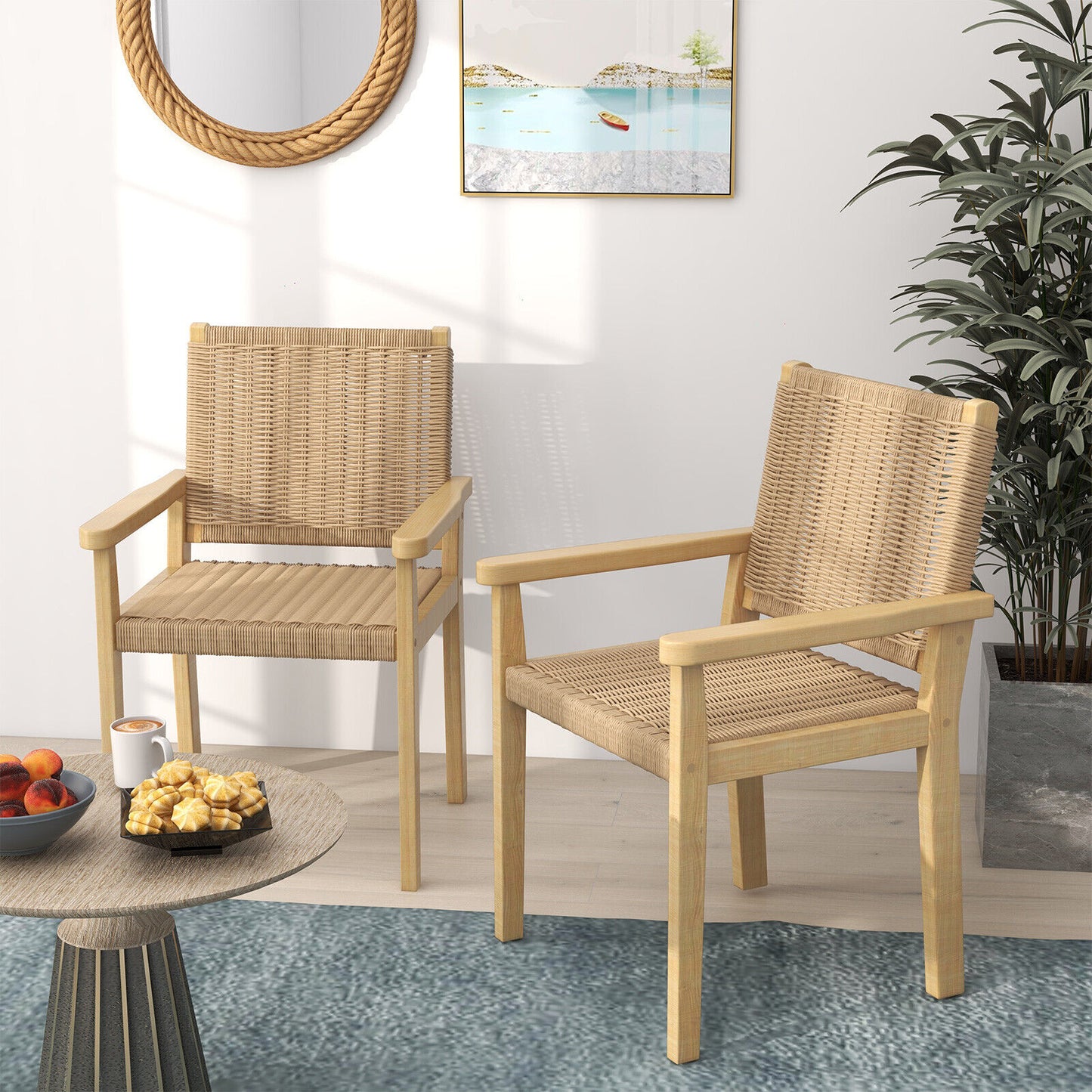 Wood Dining Chairs Set of 2 with Woven Rope Seat