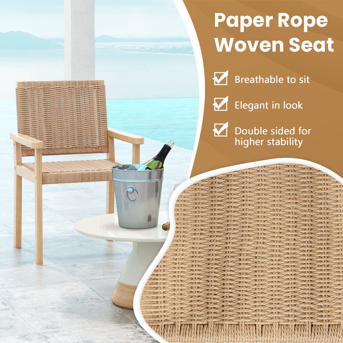 Wood Dining Chairs Set of 2 with Woven Rope Seat
