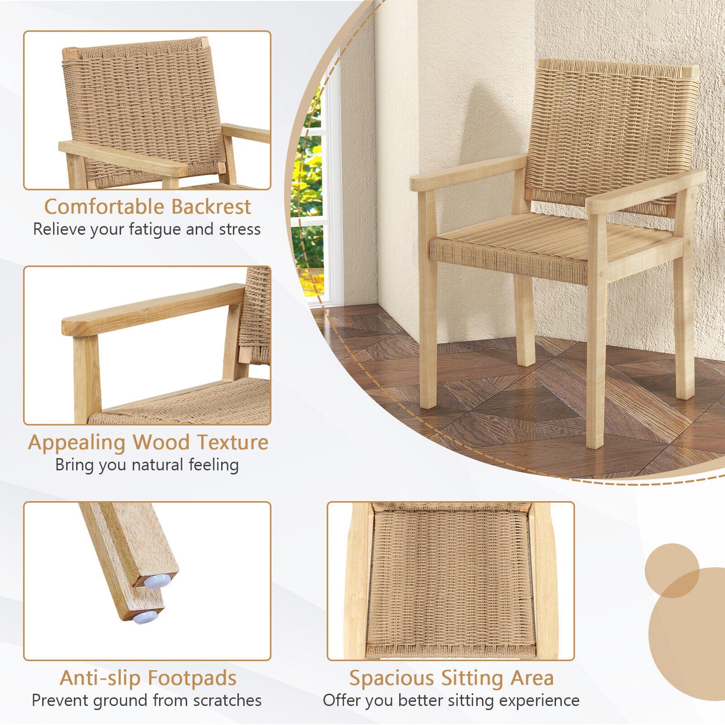 Wood Dining Chairs Set of 2 with Woven Rope Seat