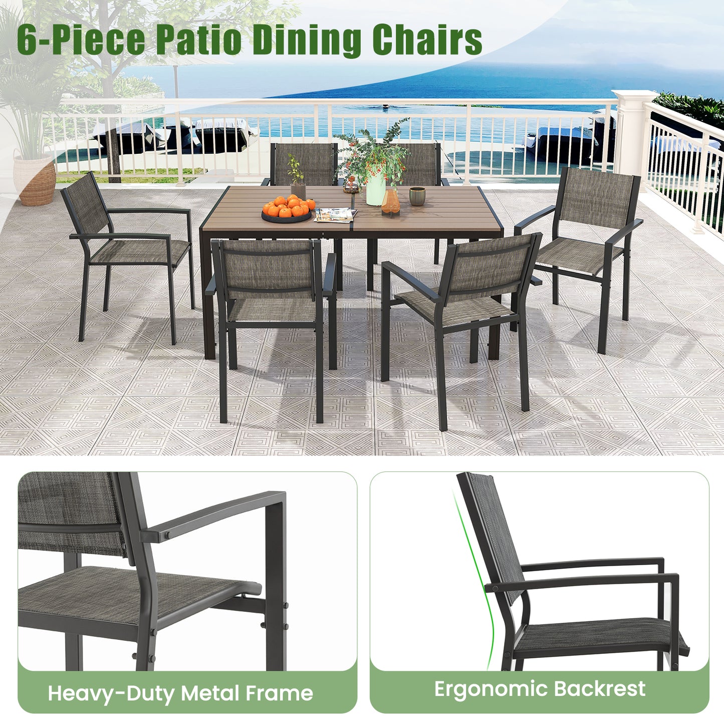 Stackable Patio Dining Chairs Set of 6 with Breathable Fabric