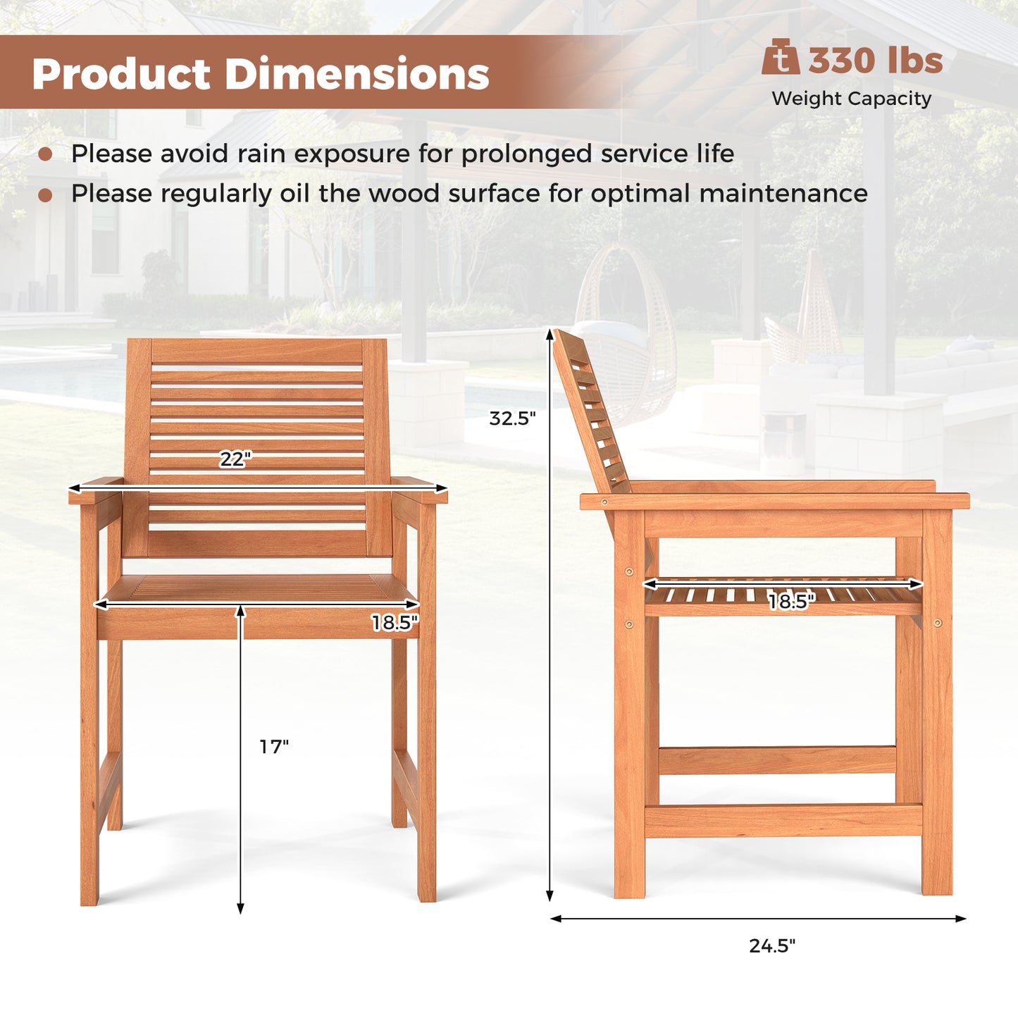 Patio Dining Chairs Set of 2 with Inclined Backrests