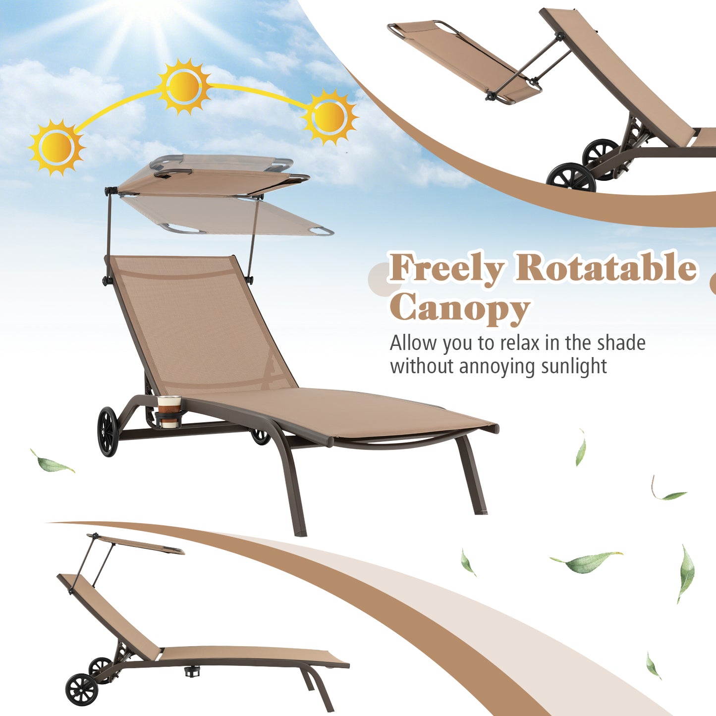 Adjustable Chaise Lounge Chair with Canopy and Wheels