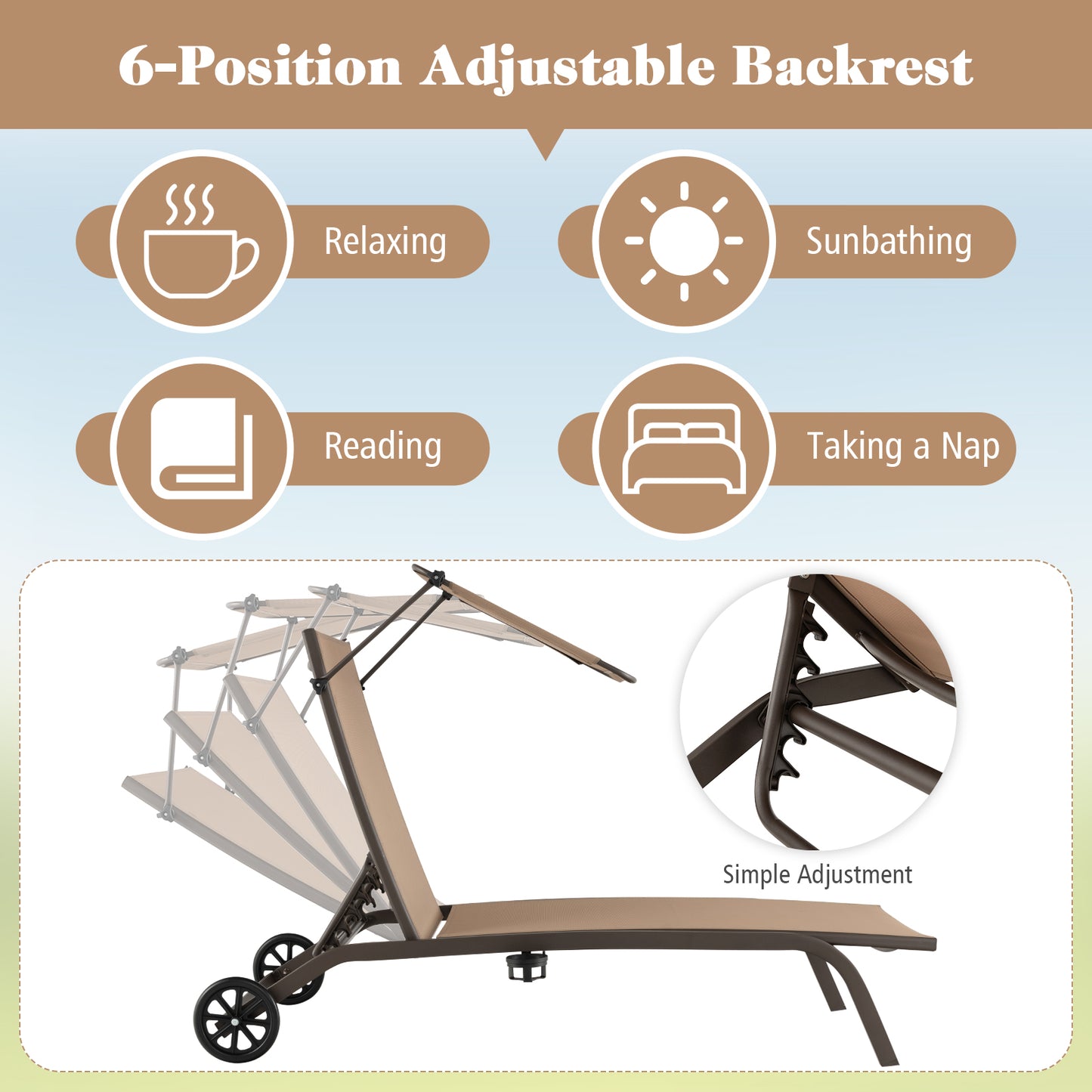 Adjustable Chaise Lounge Chair with Canopy and Wheels