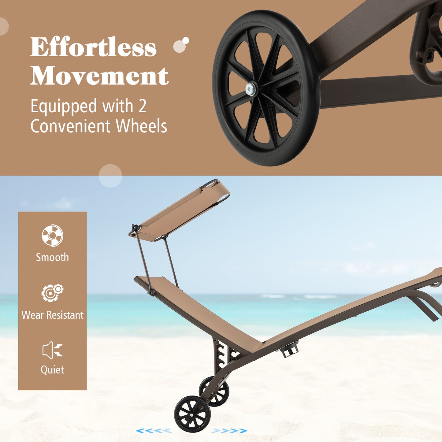 Adjustable Chaise Lounge Chair with Canopy and Wheels