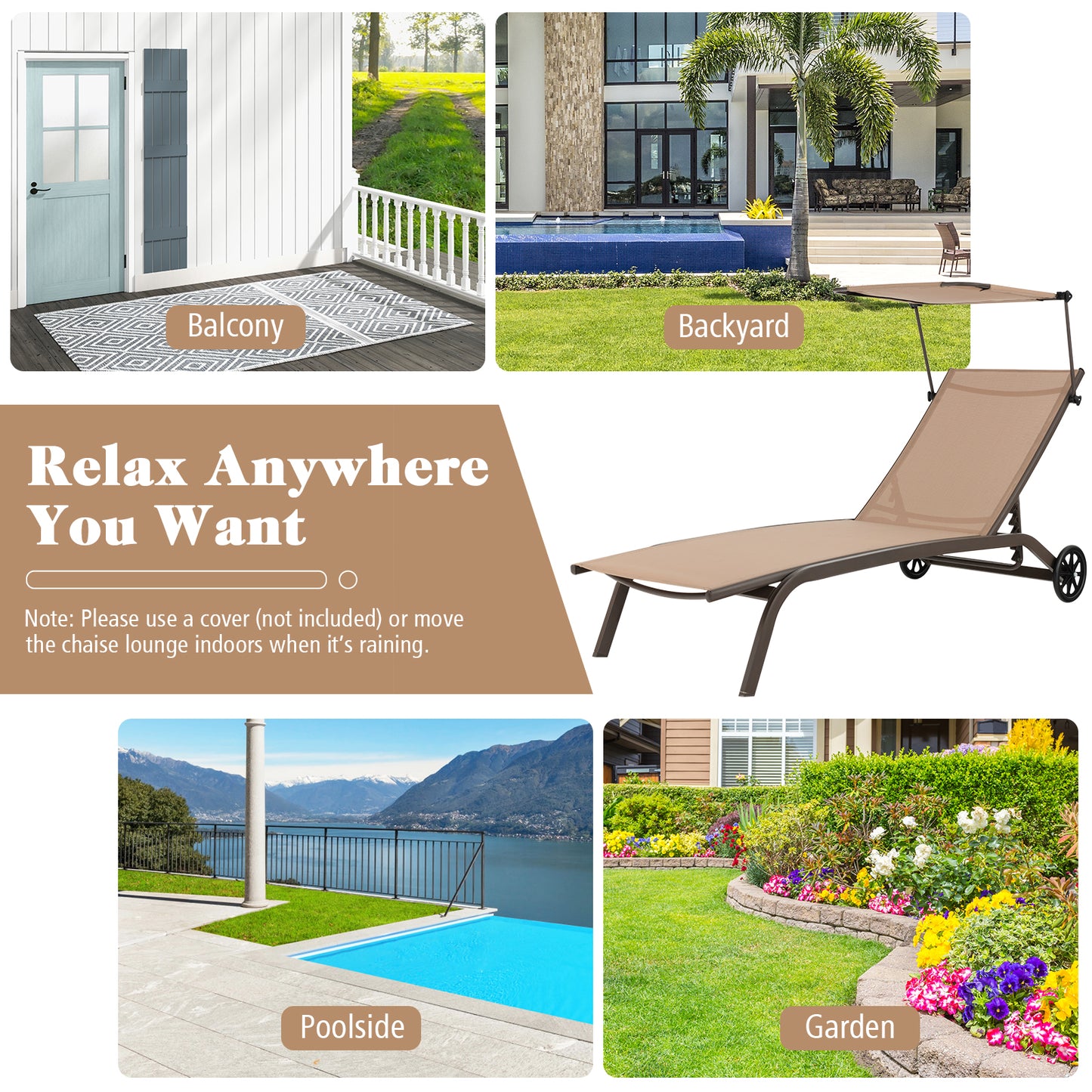 Adjustable Chaise Lounge Chair with Canopy and Wheels