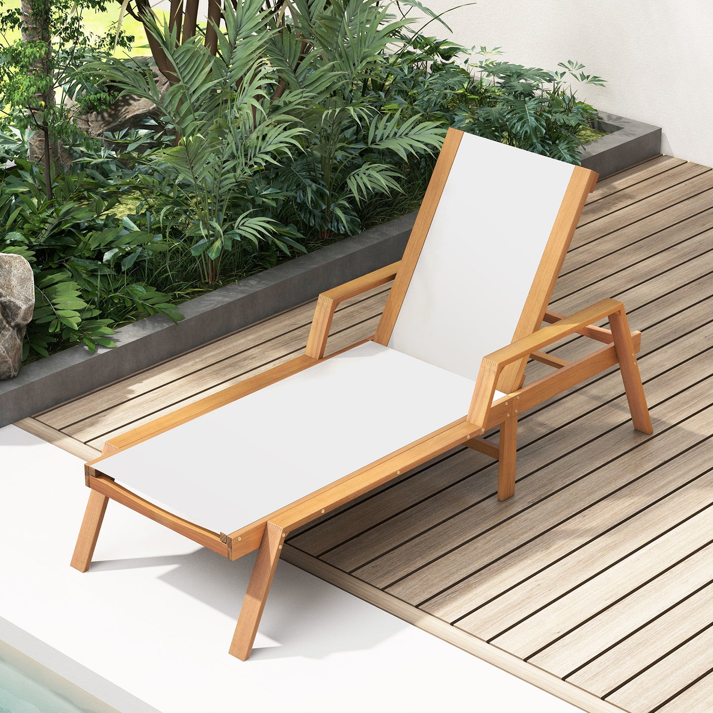 Acacia Wood Patio Chaise Lounge Chair with 5-Position Backrest