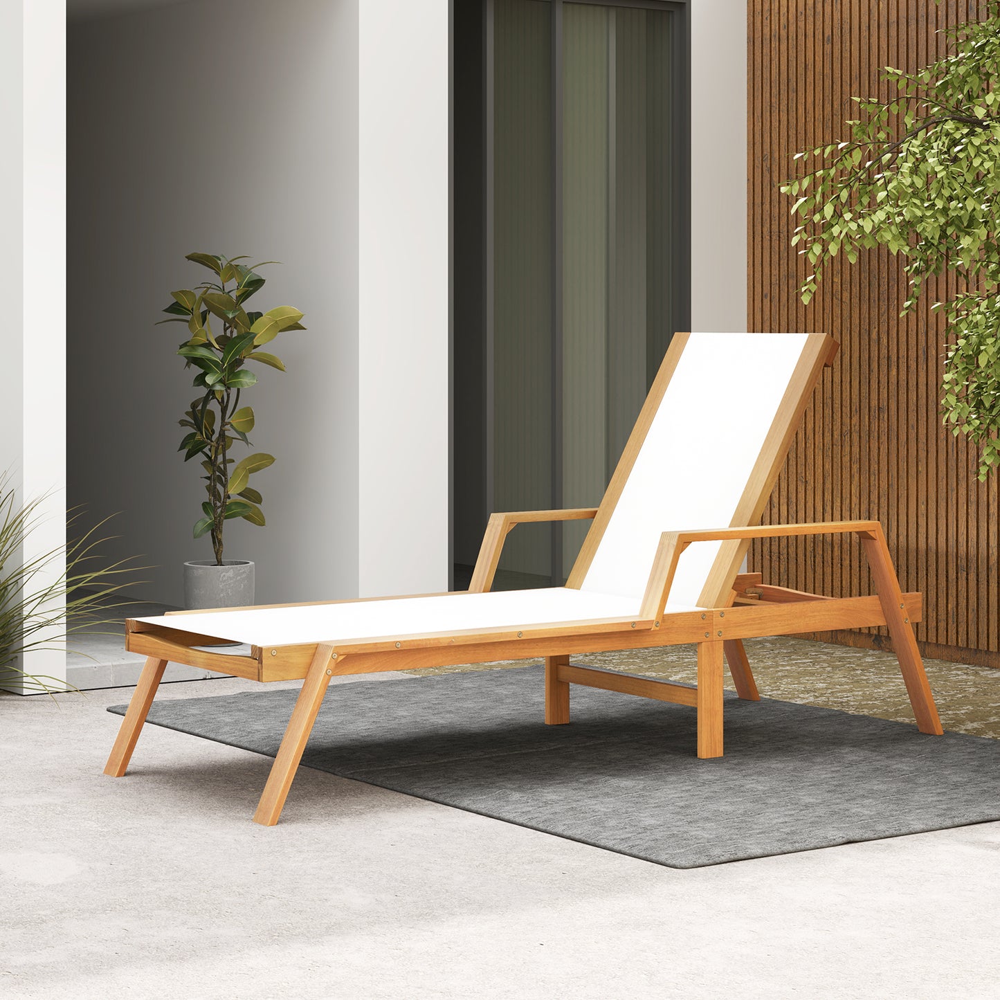 Acacia Wood Patio Chaise Lounge Chair with 5-Position Backrest