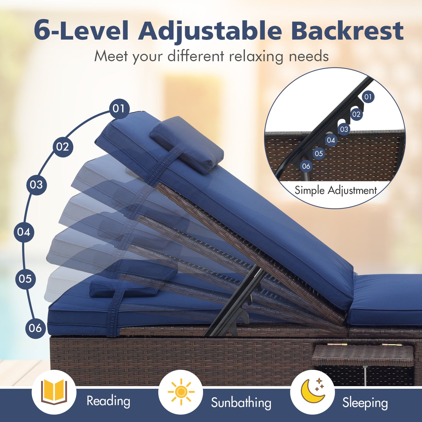 Patio Chaise Lounge Set of 2 with Adjustable Backrest & Cushion