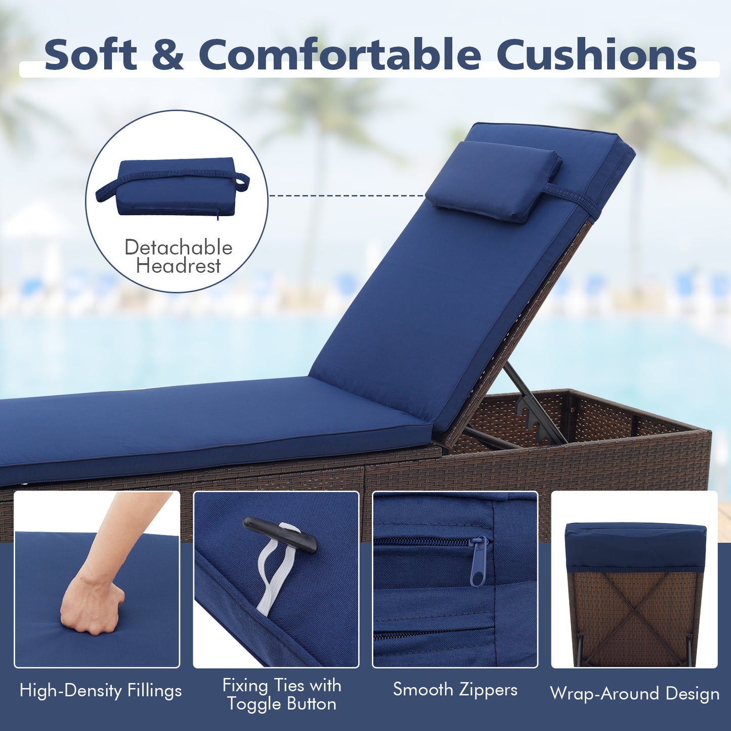 Patio Chaise Lounge Set of 2 with Adjustable Backrest & Cushion