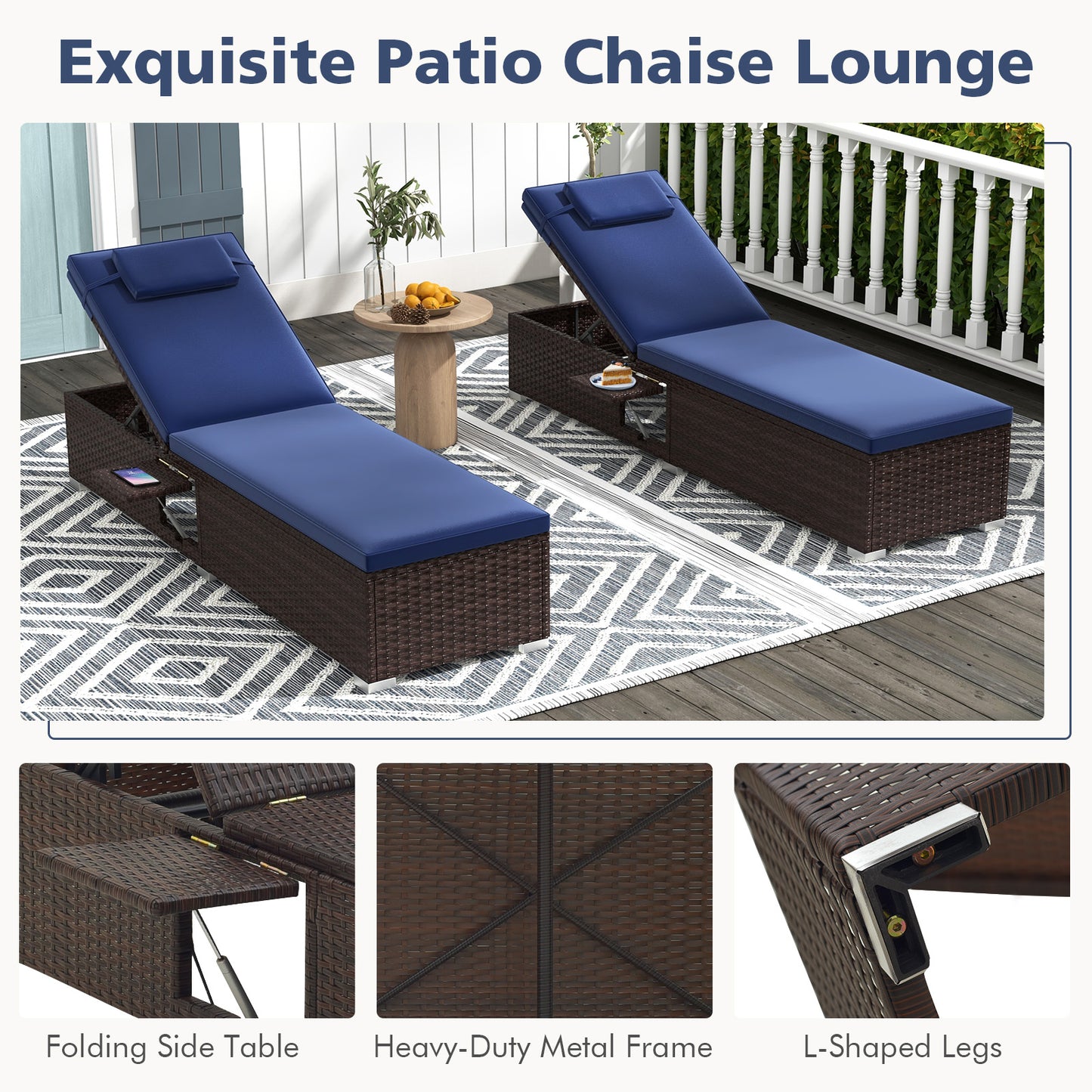 Patio Chaise Lounge Set of 2 with Adjustable Backrest & Cushion